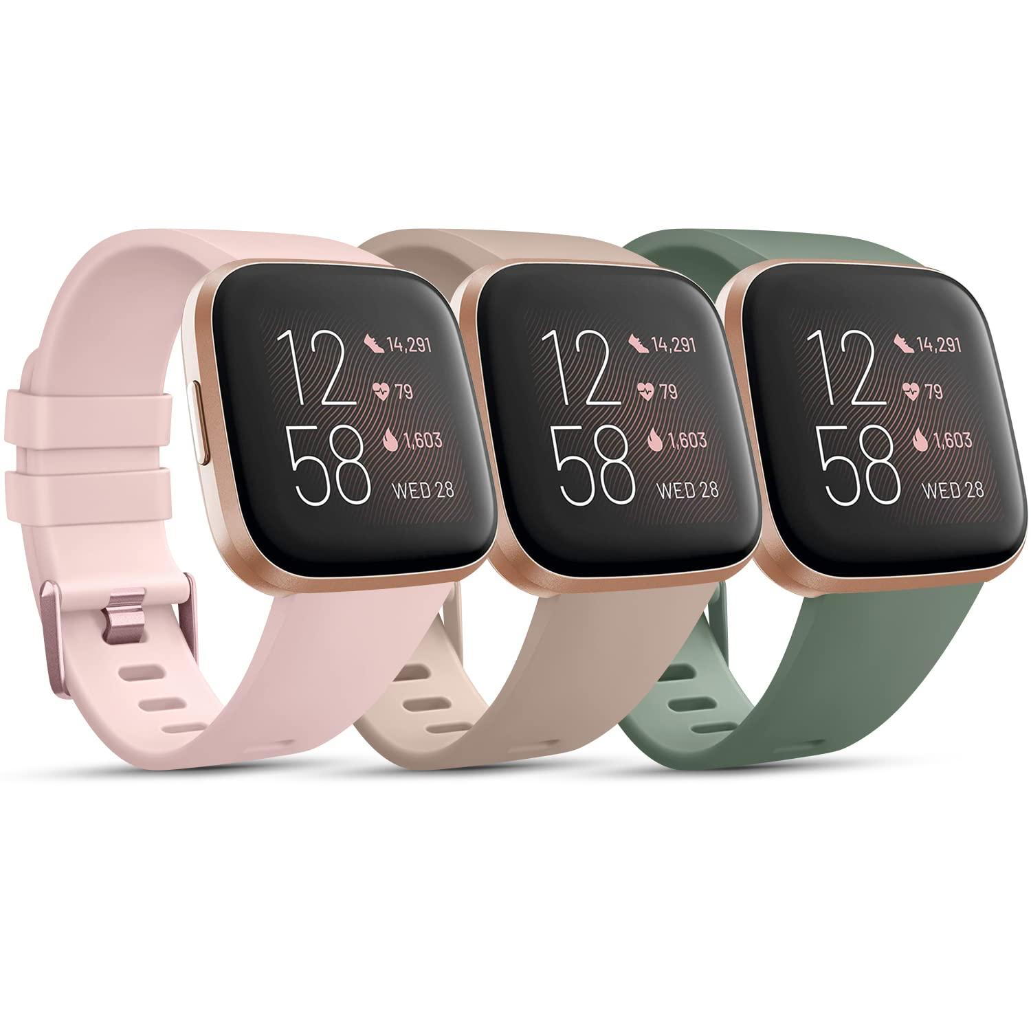 AK 3 Pack Sport Bands Compatible with Fitbit Versa 2 Bands/Fitbit Versa Bands/Versa Lite/Versa SE, Classic Soft Sport Replacement Wristbands for Fitbit Versa 2 Smart Watch Women Men (Small,Sand Pink/Milk