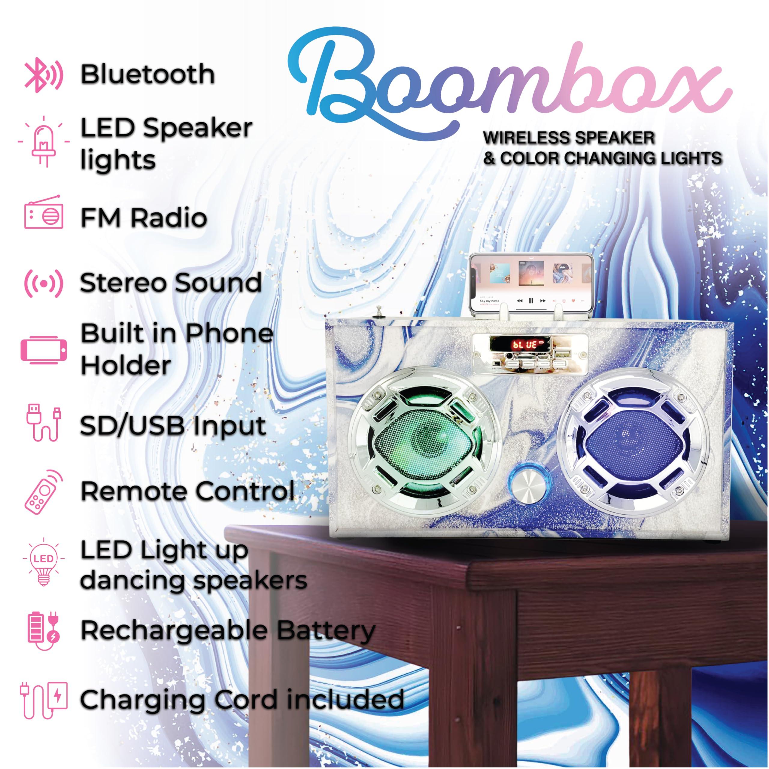 Wireless Express Wireless Express - Portable Party Speaker: Retro Boombox with Bluetooth, LED Light Show, Enhanced FM Radio, Rechargeable Battery (Blue Swirl - Bundle w/Mic)