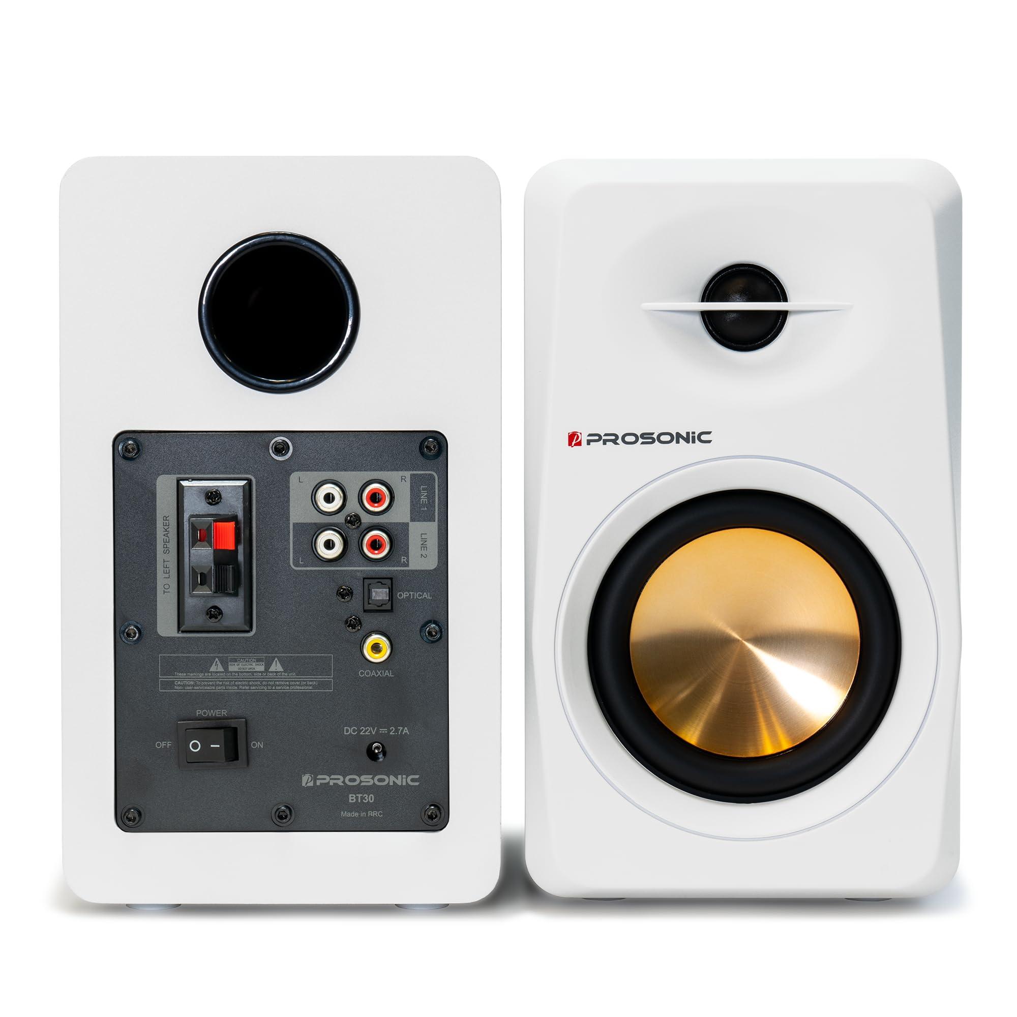 P Prosonic Prosonic BT30 Active Powered Bluetooth Bookshelf Speakers, Studio Monitor, Home Theater, Turntable, with Optical Input, Coaxial Input, 2X RCA Aux Line Input, 80 Watts, (White)