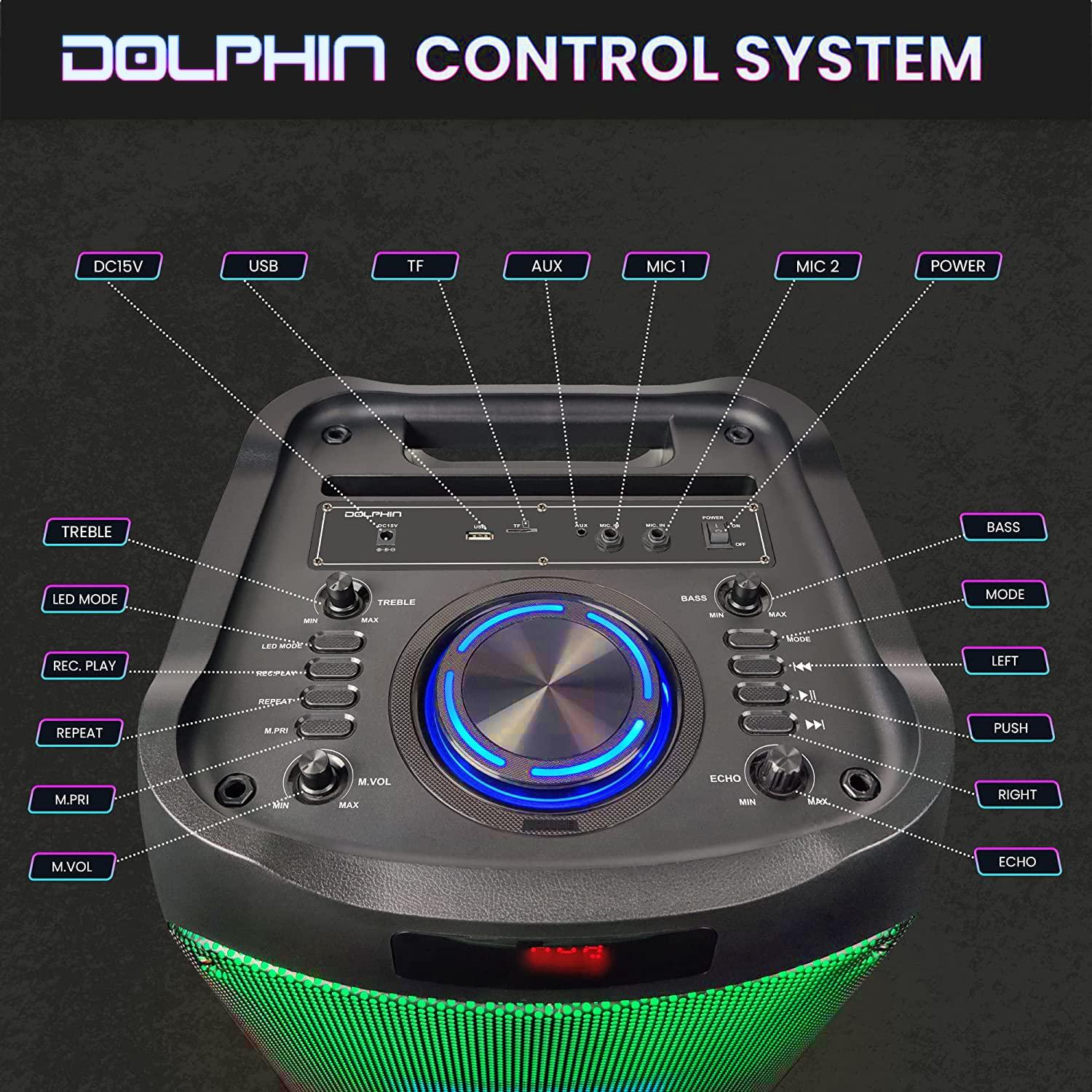 Dolphin Dolphin SPF-1212R Powerful Sound & BASS | Portable Rechargeable Big Party Speaker | Dual 12", 3X 1 Tweeters | LED Party Lights, Handles and Wheels
