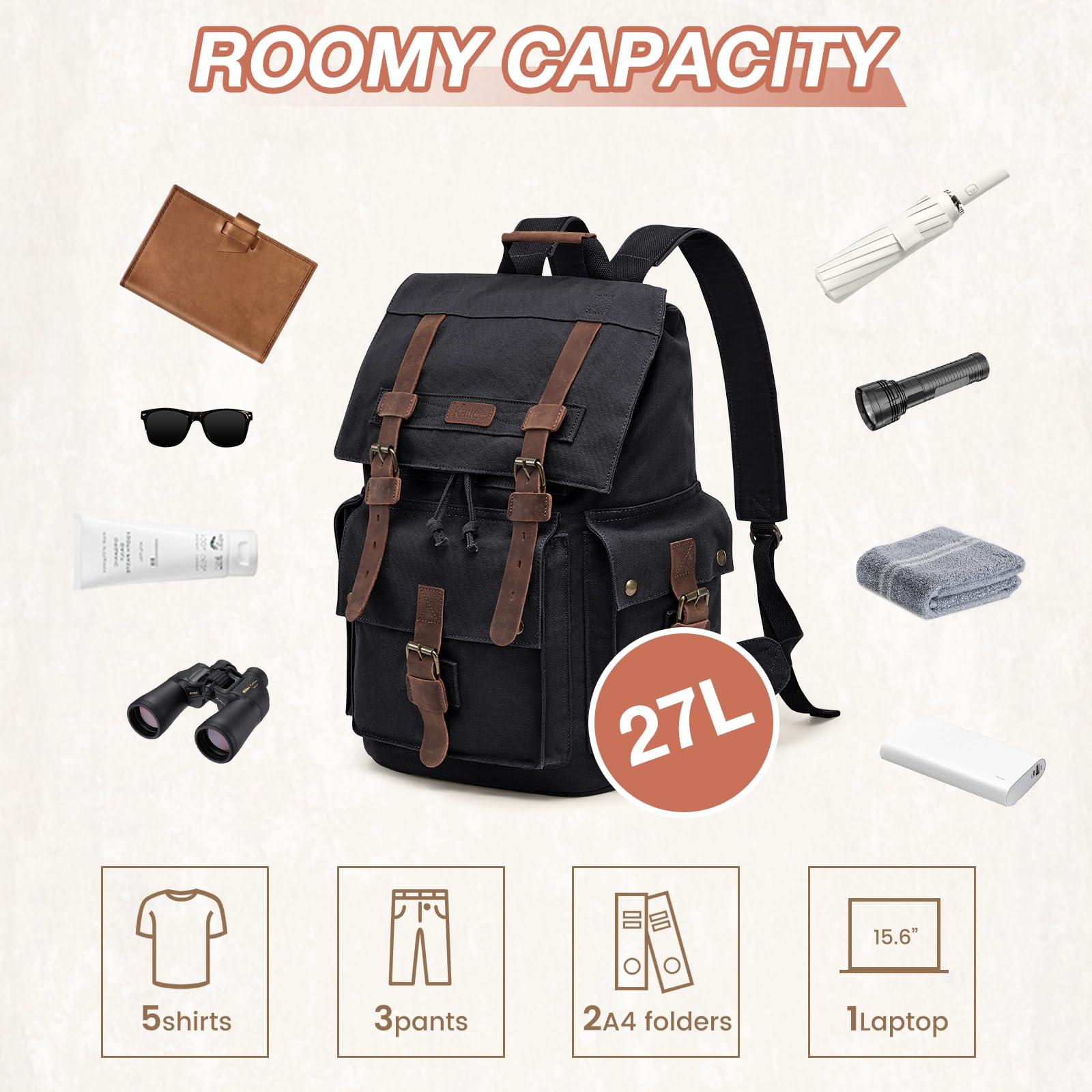 Kattee Kattee Mens Leather Canvas Backpack Large School Bag Travel Rucksack Black