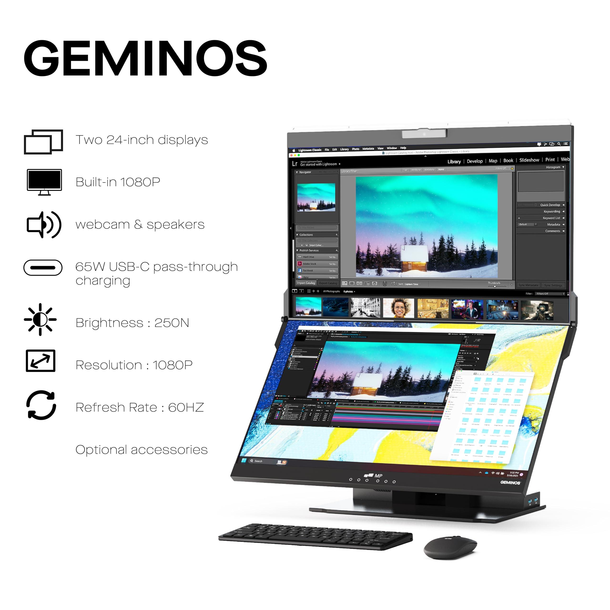 MP Mobile Pixels Geminos, Dual 24" IPS Stacked Computer Monitors with 65W USB-C Charging, with Adjustable Viewing Angle and 1080p Webcam and 3W Speakers, Multiport Docking Station (Desktop Monitor)