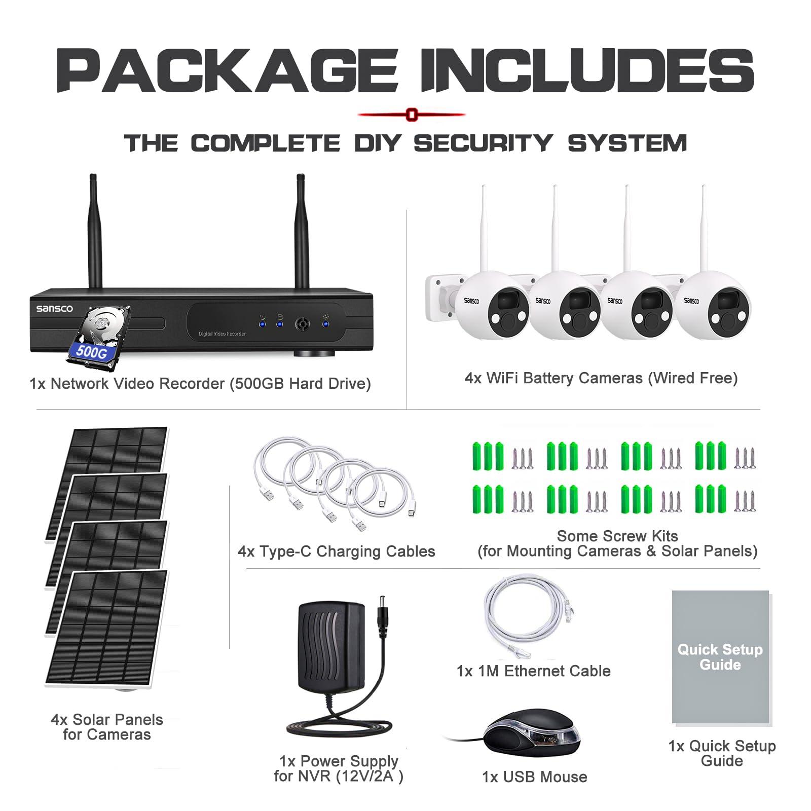 SANSCO [True Wire-Free] SANSCO Wireless Battery Powered Security Camera System with Solar Panels & 500GB HDD, 10 Channel 2K NVR Recorder, (4) 4MP Outdoor WiFi IP Cameras, 2 Way Audio, PIR Smart Detection