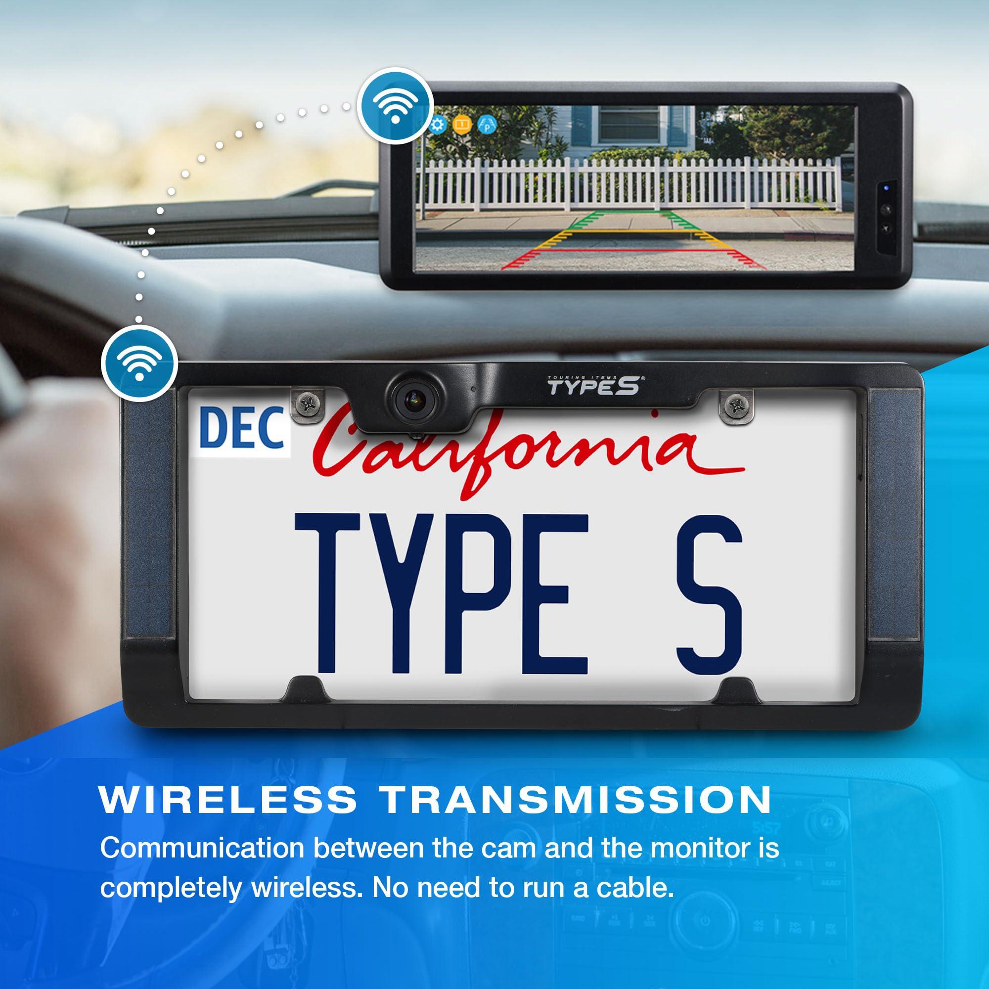TYPE S TOURING ITEMS Type S | Vehicle Wireless Backup Camera License Plate Frame, Extra Long Battery Life with Solar Powered Charging, Waterproof, Portable 6.8" HD Motion-Activated Touch-Screen Monitor for Cars, Truck, RV