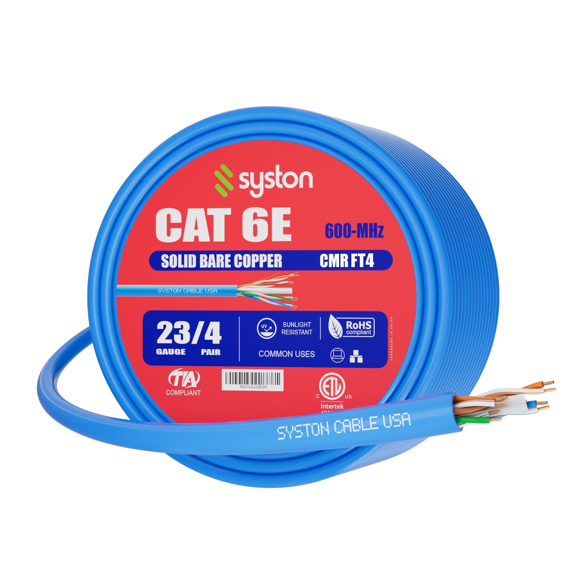 Syston Cable Technology Syston Cable Technology Cat 6E Ethernet Network Cable - 200 FT600MHz 23AWG Solid Bare Copper Wire Outdoor/Indoor, Bulk No Ends 10 Ft to 1000 Ft Available, Heat Resistant Riser Rated - CMR
