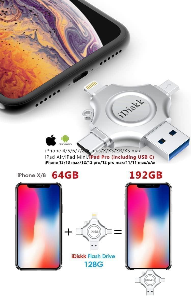 iDiskk [MFi Certified] 128GB Flash Drive for iPhone iPad USB 3.0 Lightning Drive 4 in 1 Multi Functional External Storage for iOS and Android Samsung Phones Type c Devices and MacBook idiskk Thumb Drive