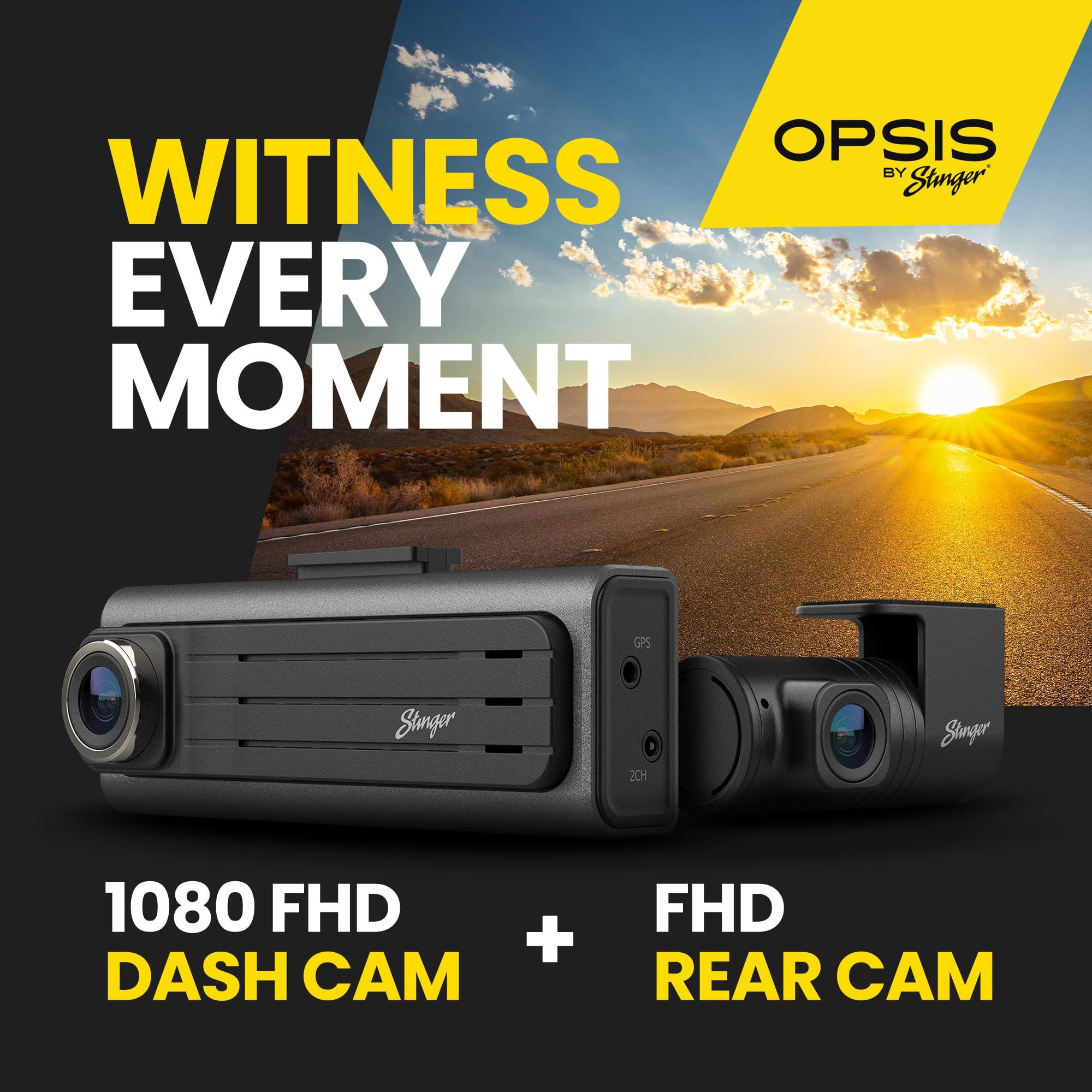 STINGER Stinger OPSIS Universal Full HD (1080p) Front & Rear Dash Camera, ADAS, Mute Notifications, Smart App, 32gb MicroSD Included