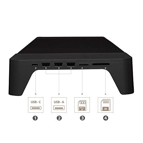 POUT POUT E8 Wood Desk Monitor Computer Stand Riser Shelf + USB HUB + Qi Fast Wireless Charging Charger Pad Mat for Laptop, Apple, iMac, PC, iPhone, Samsung Galaxy, Airpod 2, Buds (Black)