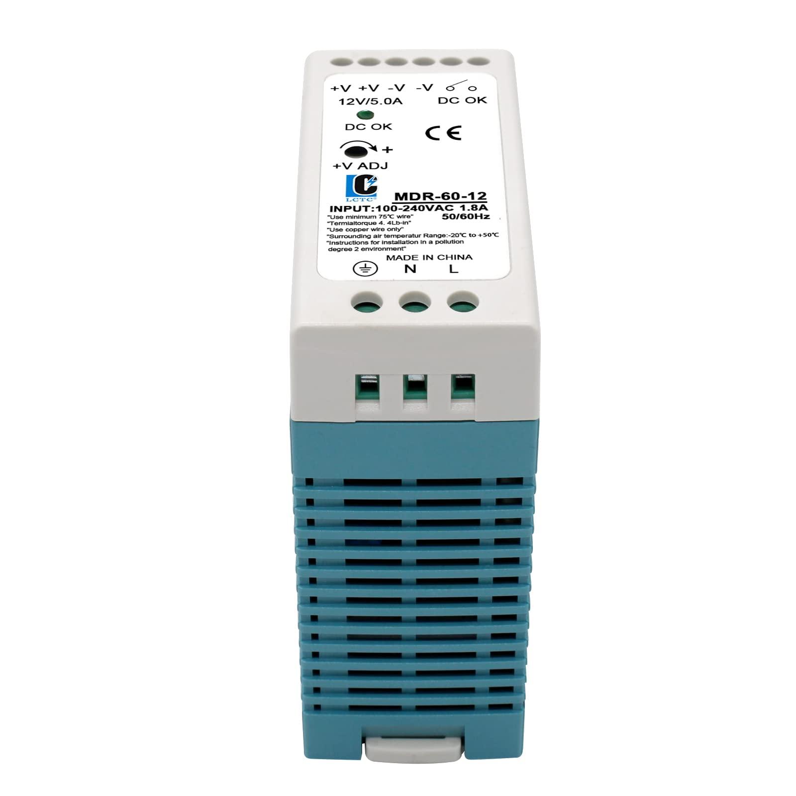 LCLCTC DIN Rail DC 12V Switching Power Supply MDR 60W (Input:100-240VAC,Output:12VDC,50/60HZ) Switch Converter (12V 5A)