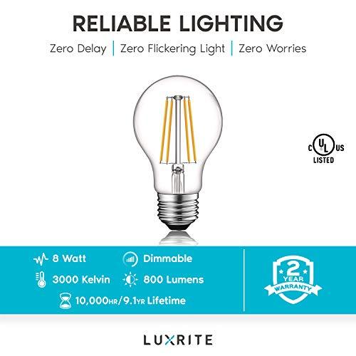 LUXRITE LUXRITE Vintage A19 LED Light Bulbs 60W Equivalent, 3000K Soft White Dimmable, 800 Lumens, Standard LED Edison Bulb 8W, UL Listed, E26 Base (4 Pack)