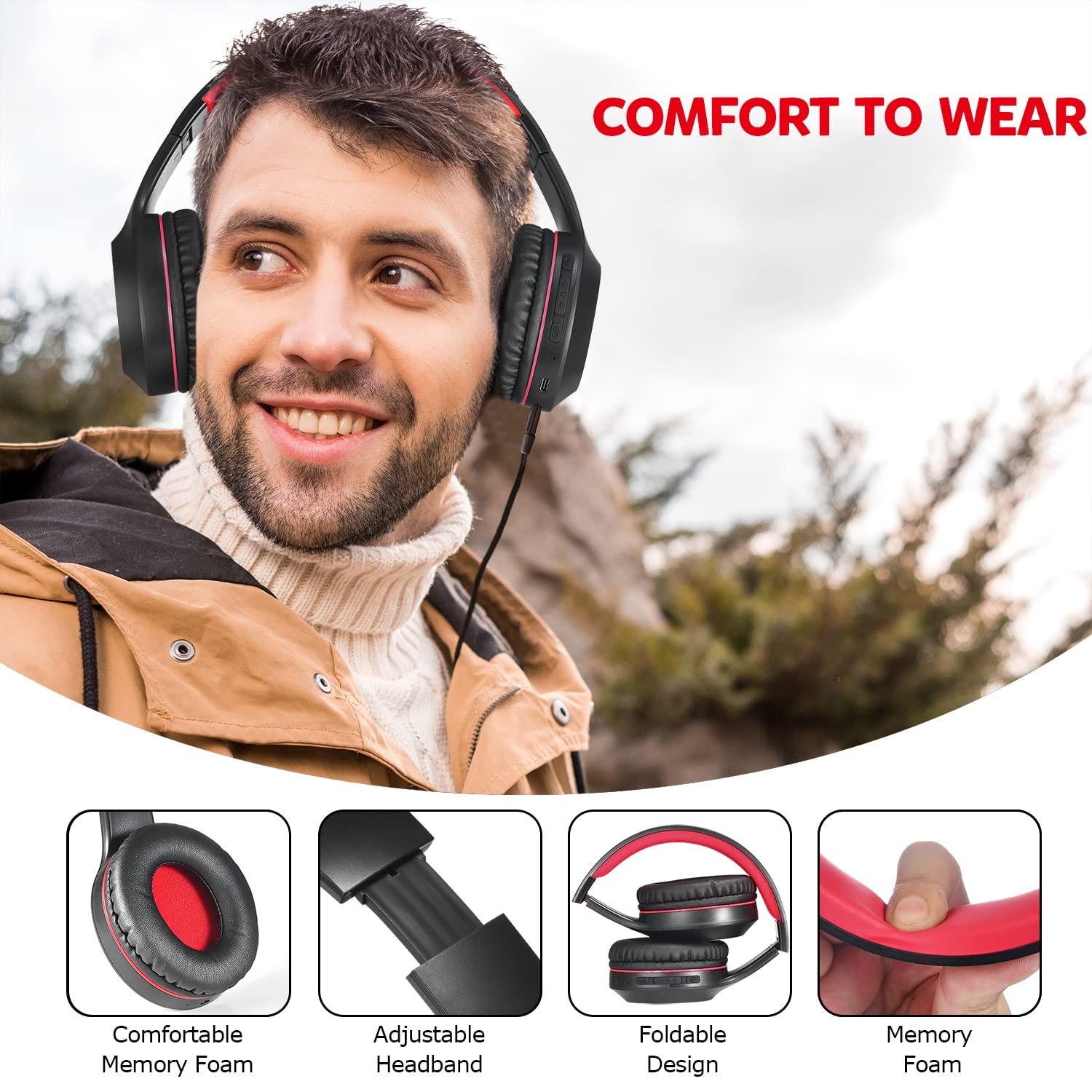 Rydohi Rydohi Bluetooth Headphones Over Ear,68H Playtime and 3 EQ Music Modes Wireless Headphones with Microphone/Deep Bass, HiFi Stereo Foldable Lightweight Headset for PC Home Travel Office (Black Red)