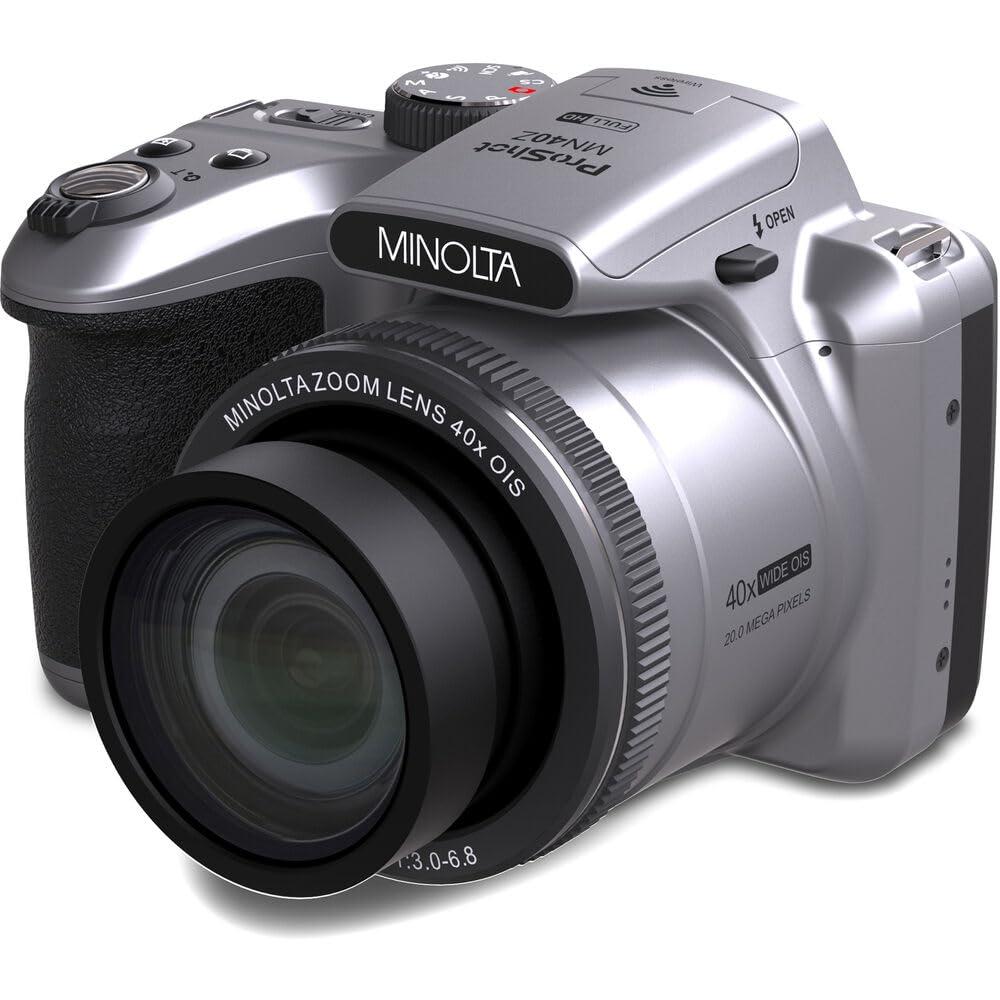 Minolta MINOLTA MN40Z 20 Mega Pixels 40x Optical Zoom Digital Camera with 1080p FHD Video, Silver, Bundle with 64GB Memory Card + Vlog Tripod + 4xAA Battery with Charger + Accessories