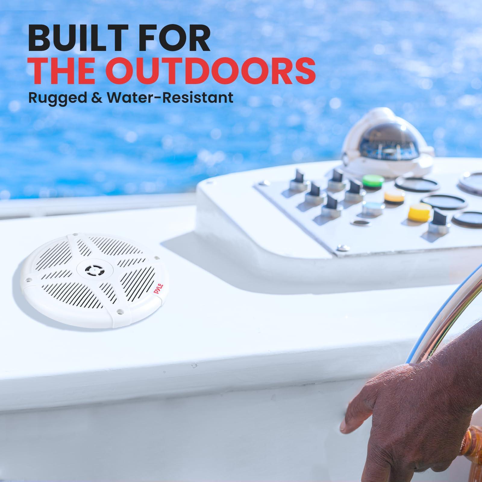 Pyle 6.5 Inch Bluetooth Marine Speakers - 2-way IP-X4 Waterproof and Weather Resistant Outdoor Audio Dual Stereo Sound System with 600 Watt Power and Low Profile Design - 1 Pair - Pyle PLMRBT65W (White)