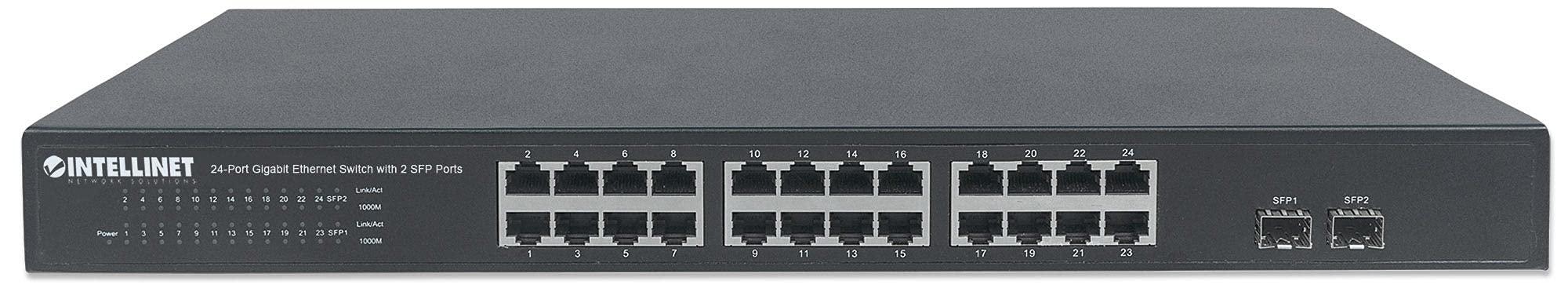 Intellinet Network Solutions Intellinet 24 Port Gigabit Ethernet Switch with 2 SFP Ports Unmanaged - Rackmount / Desktop, Fanless & Quiet, Sturdy Metal, 52 Gbps Switch Fabric 3 Yr Mfg Warranty - 561044