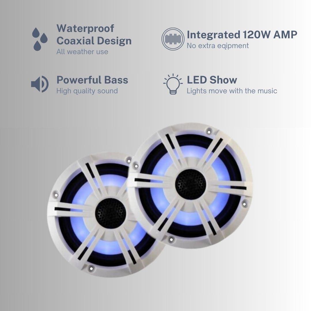 PQN Audio PQN Audio RV652BTWLD Coaxial Bluetooth Speakers - 6.5 Car Speakers and Boat Speakers with Integrated Amplifier, LED Lights, and Waterproof Design (2 Total Speakers) (White)
