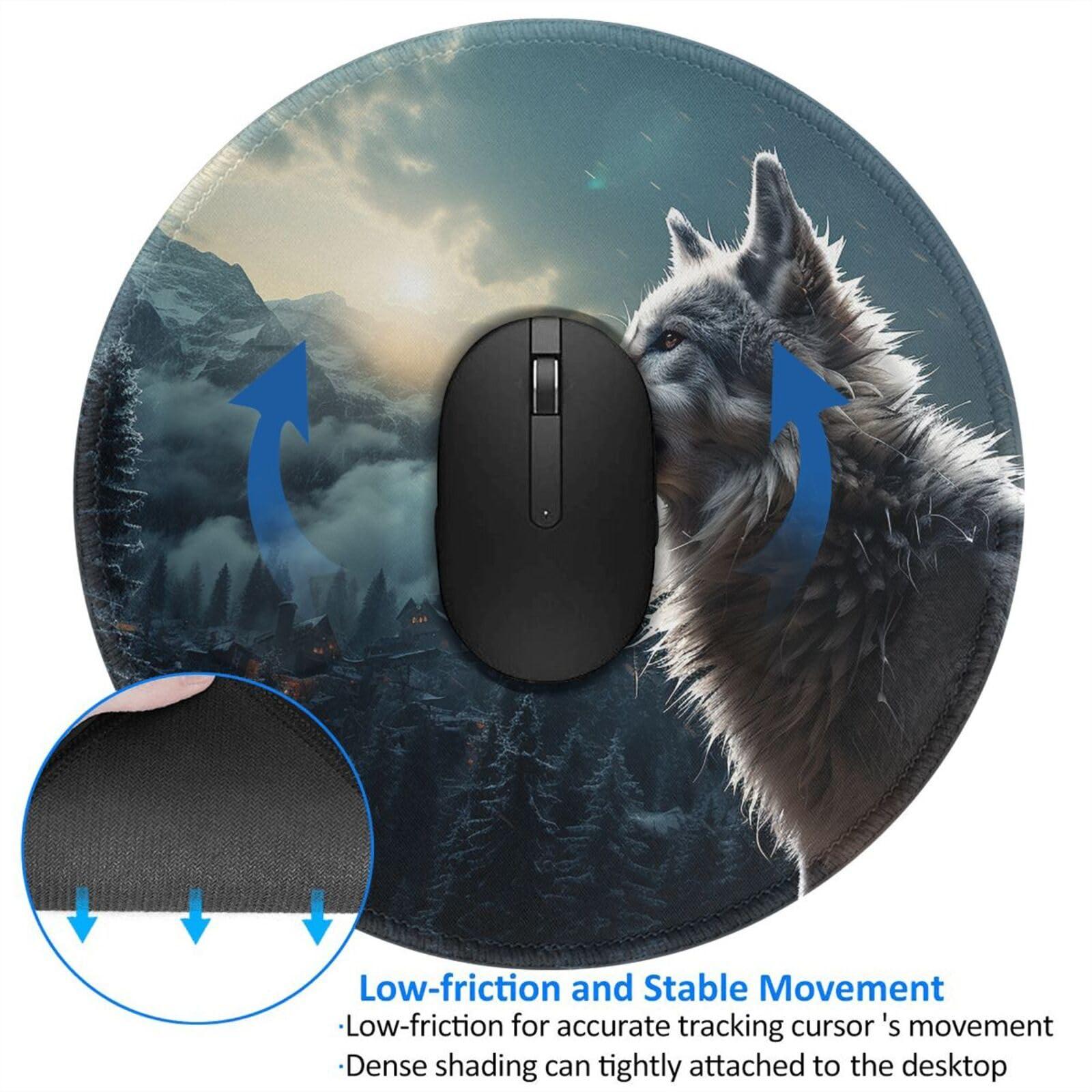 YoupO Mouse Pad, Wolf at Night Printed Round Mouse Mat with Non-Slip Rubber Base,Stitched Edge Mousepad for Office Home Gaming Work Study
