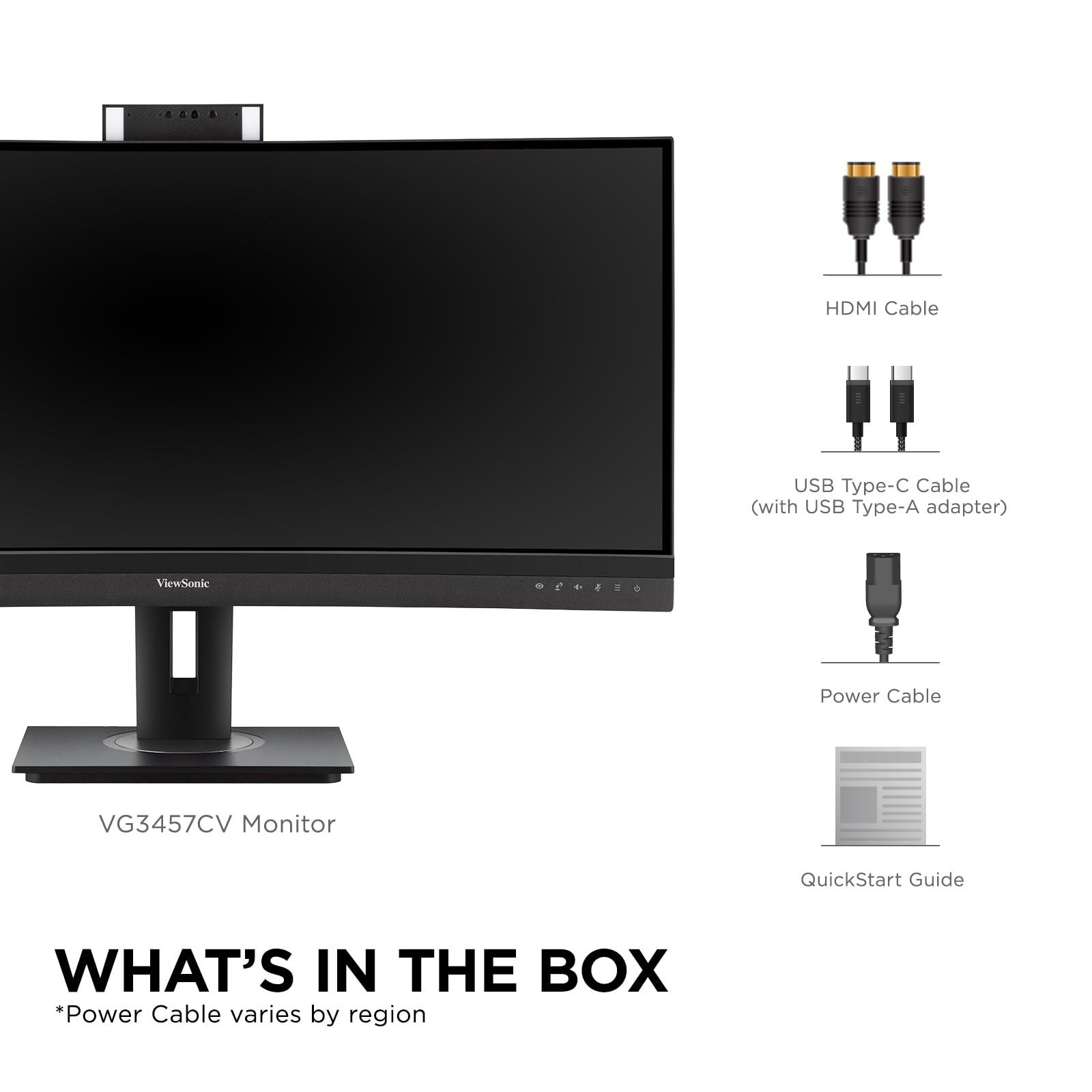 ViewSonic ViewSonic VG3457CV 34 Inch Ultrawide QHD 1440p Curved Video Conferencing Docking Monitor with Windows Hello Compatible IR Webcam, Advanced Ergonomics, and 100W USB C for Home and Office