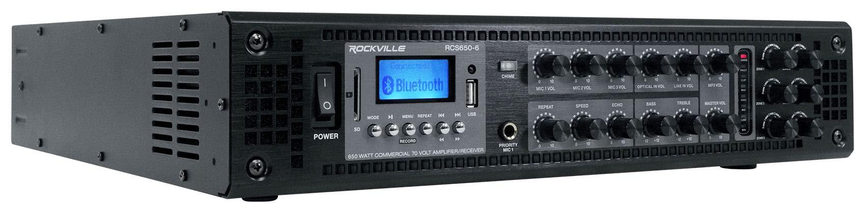 Rockville Rockville RCS650-6 650 Watt 6 Zone 70V Commercial Amplifier, Bluetooth, 3 Mic Inputs, Perfect for Restaurants, Bars, Cafs, Schools, Lounges