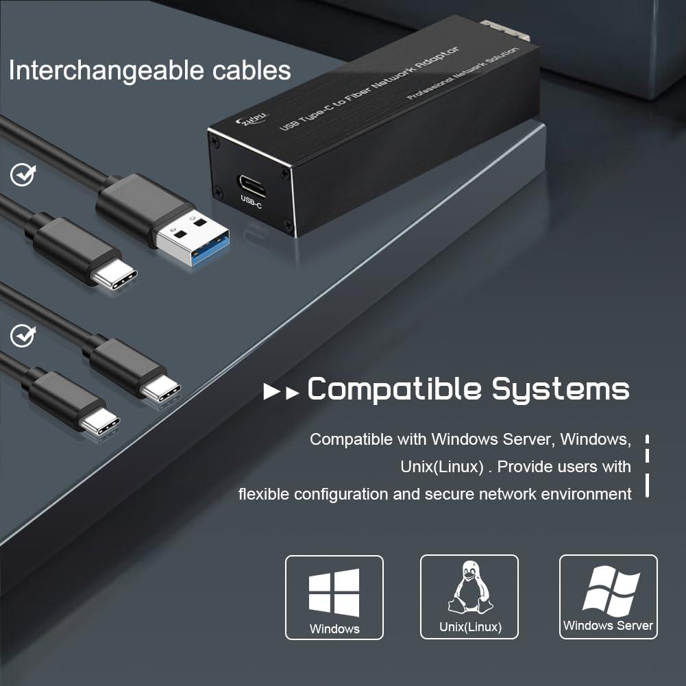 Zhpuostd USB C to Fiber Network Adaptor,USB3.0 Type C to 100/1000base-X SFP Gigabit Network Card,Equipped with a 1.25G Single-Mode Dual-Fiber Module,20km Transmission