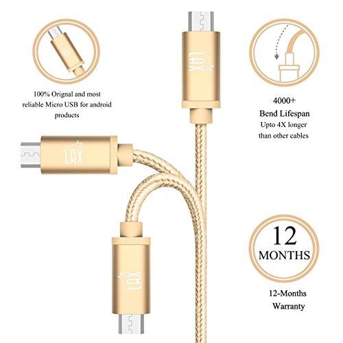 LAX Gadgets LAX Gadgets Durable Nylon Braided Tangle Free 2.0 Micro USB Android Charging and Data Sync Cable for Samsung, HTC, Motorola, Nokia, Kindle, MP3, Tablet and More[10 Feet-Gold]