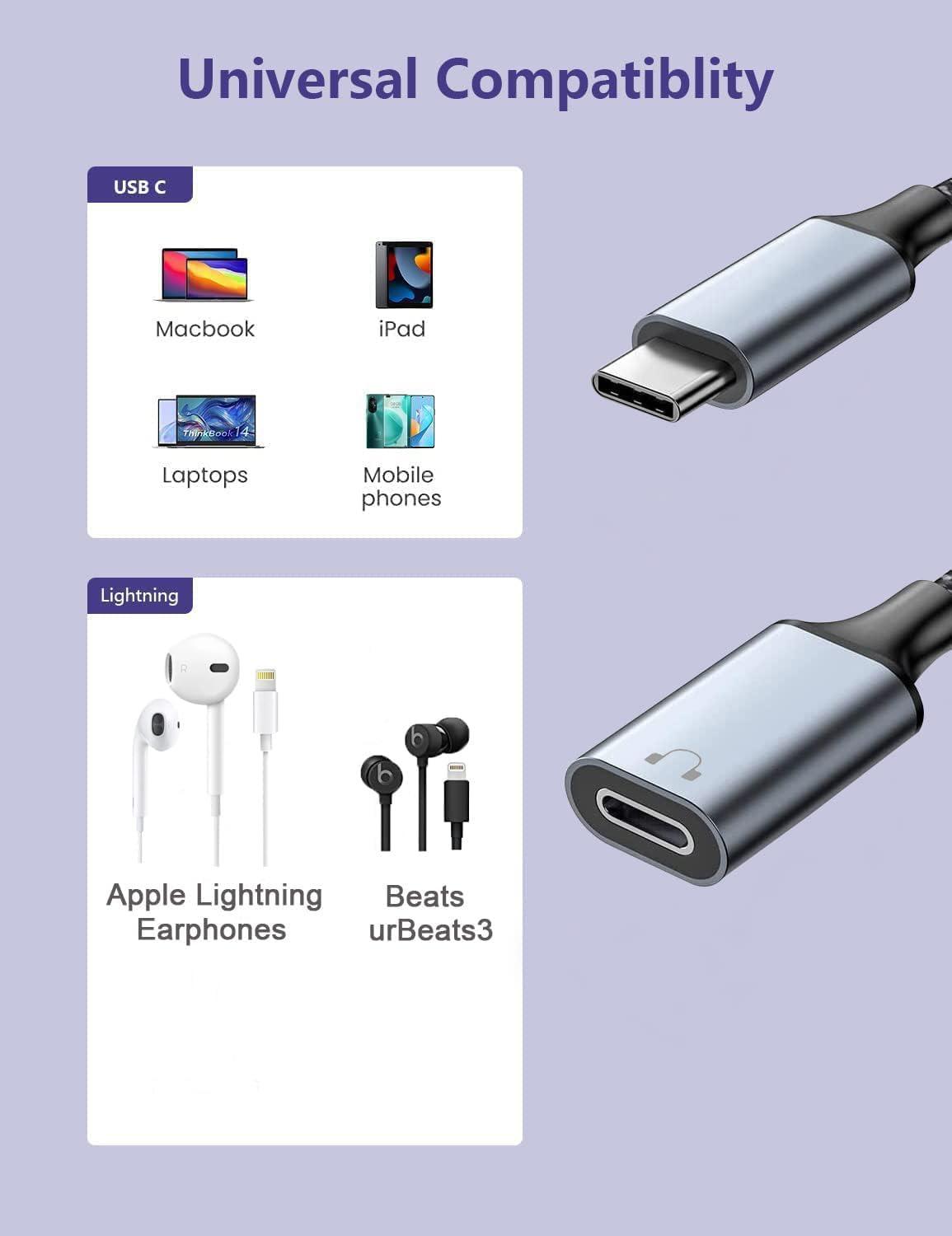 LecLooc USB C to Lightning Audio Adapter Cable USB Type C Male to Lightning HiFi Audio Female Headphones Converter Fit with iPhone 16 15, iPad Pro/Air, Macbook, Galaxy S23 S22, Pixel 7 6 (Not for Charge&Data)