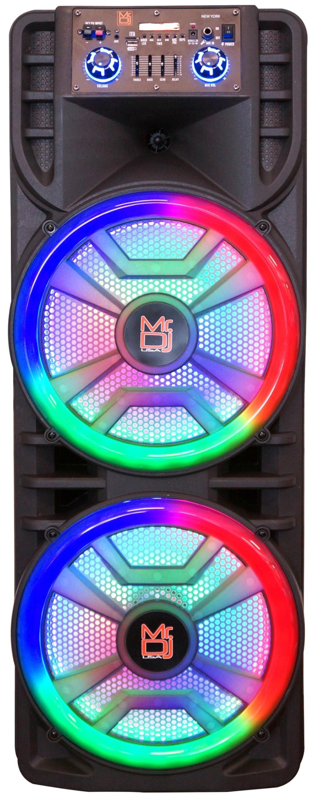 Mr. Dj MR DJ NEWYORK+ 12" X 2 Rechargeable Portable Bluetooth Karaoke Speaker with Party Flame Lights Microphone TWS USB FM Radio