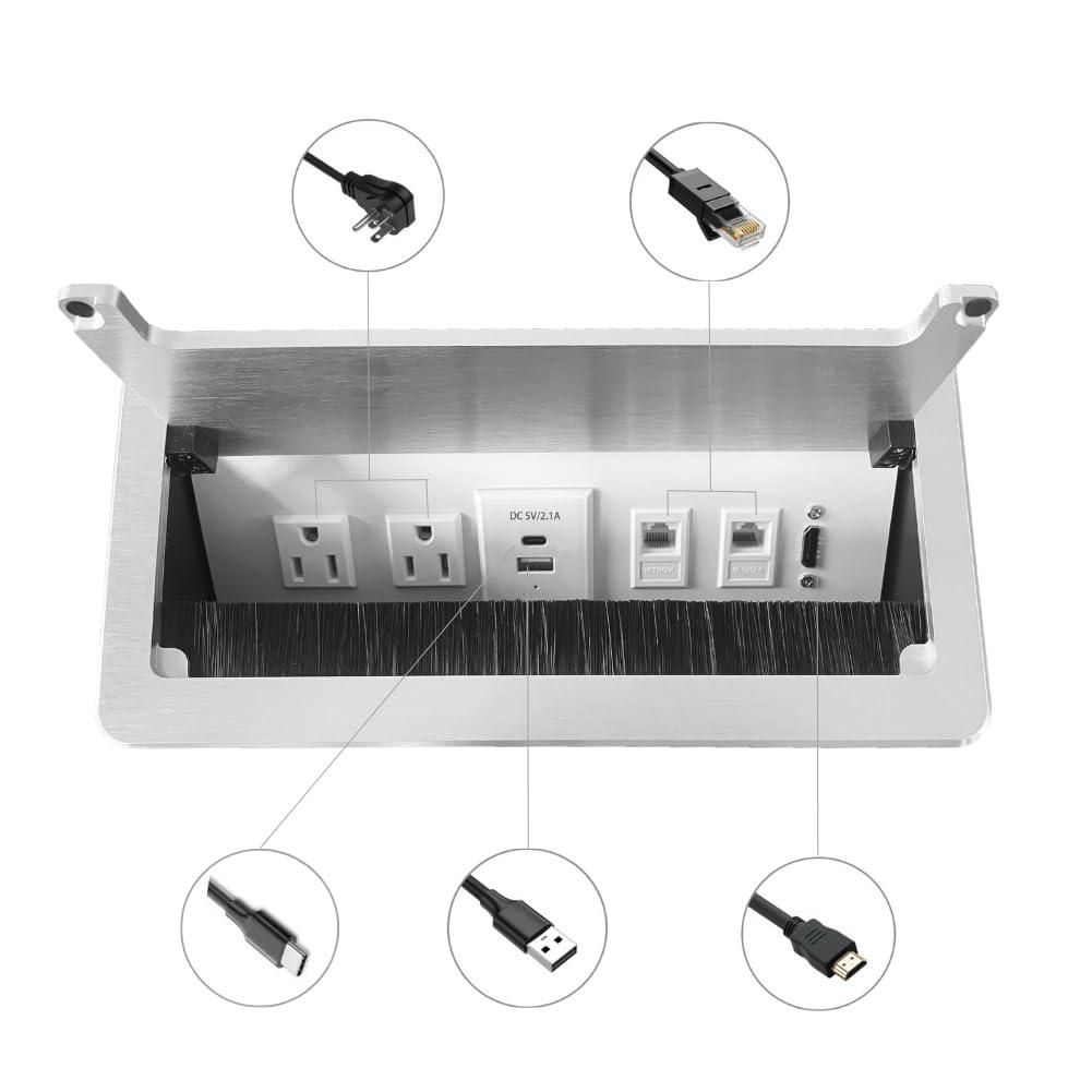 ZESHAN ZESHAN Conference Table Power hub Conference Table connectivity Box with 45 Degree Angle Convenient Plug-in Socket, Power Fully Enclosed Bottom Box Power Socket, USB, Type C, HDMI, RJ45, Silver