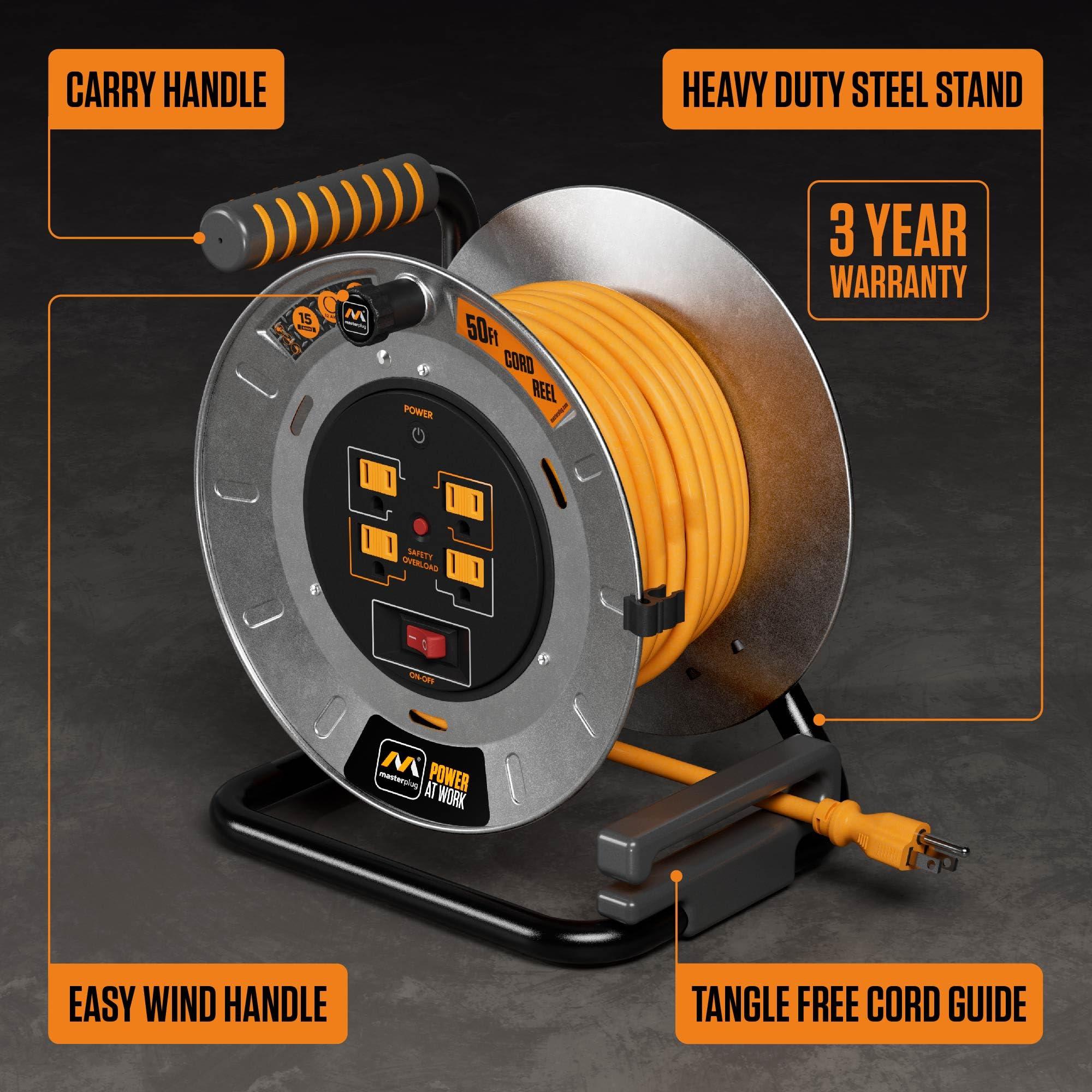 Masterplug Masterplug 50ft Cord Reel, Metal Steel Cable Drum, Retractable Extension Lead with Winding Handle, Safety Overload Circuit Breaker and Power Switch, 4x Grounded Outlets, 15amps, 12AWG Cable