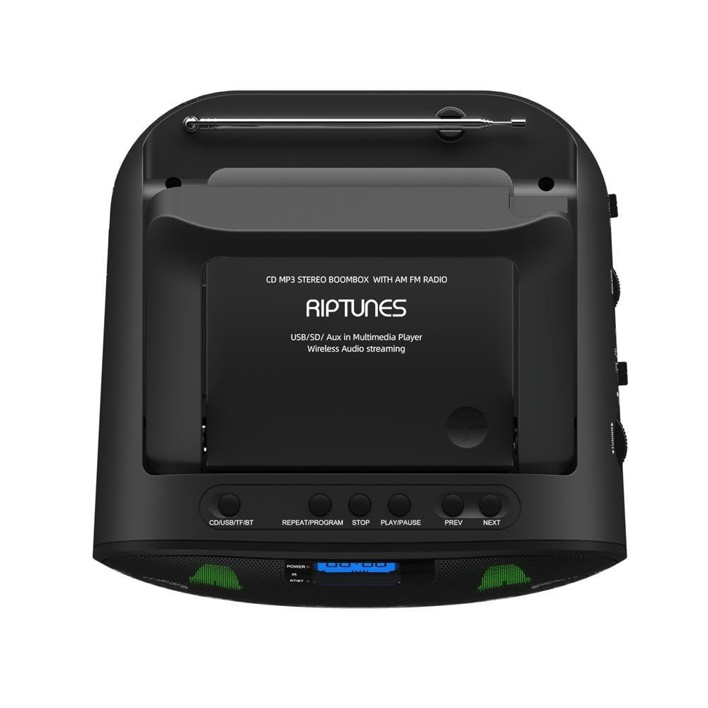Riptunes Riptunes Portable CD Player Boombox AM FM Radio, Bluetooth, USB, Aux-Input, MP3 CD Stereo Sound with Bass Boost, Party Lights, Headphone Jack, Backlit LCD Display, with Remote, Black