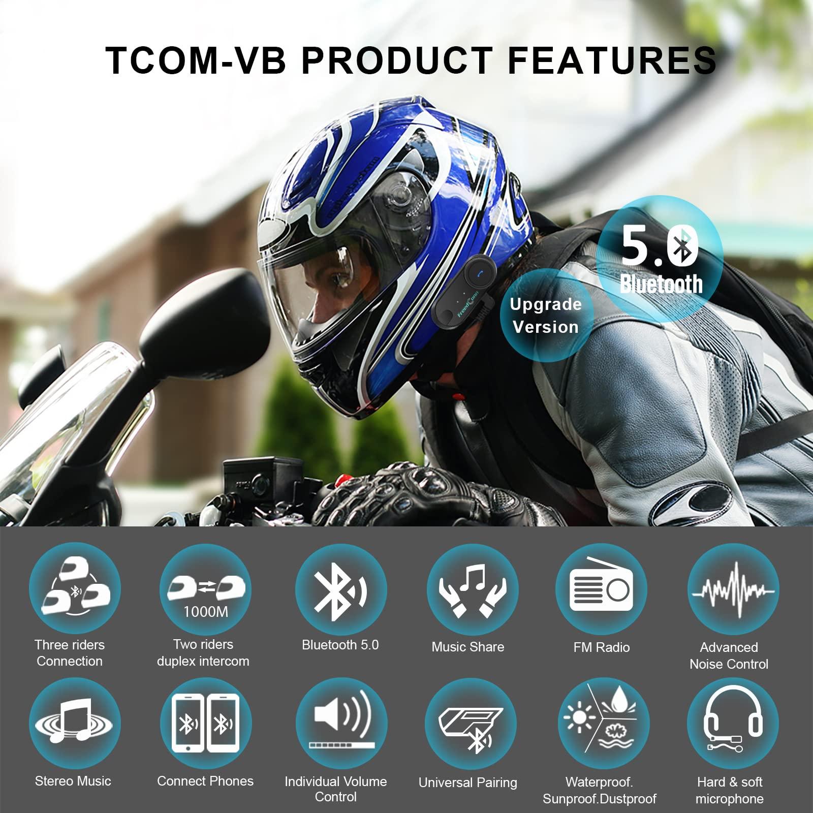 FreedConn FreedConn Motorcycle Bluetooth Headset TCOM VB with Helmet Communication System Music Sharing/Universal Pairing/2-3 Riders 800M Bluetooth Intercom Motorcycle Accessories(2 Pack)