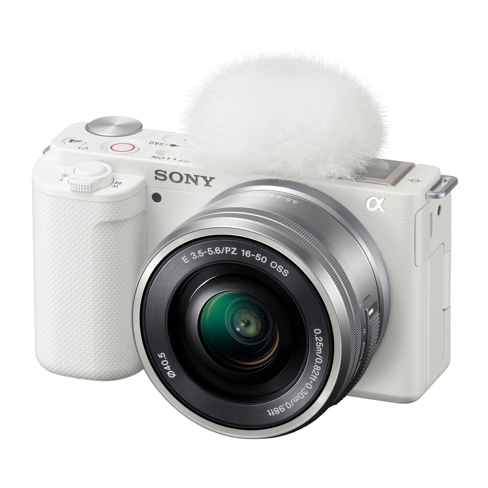Sony Sony Alpha ZV-E10 APS-C Mirrorless Vlog Camera (White) with 16-50mm Lens Bundle with Content Creator Kit (4 Items)