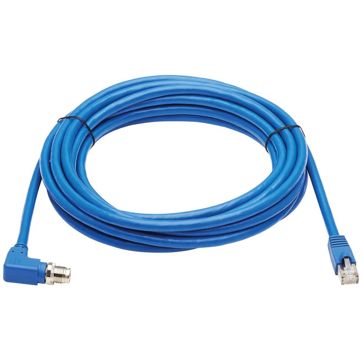 Tripp Lite Tripp Lite M12 X-Code Cat6a Shielded Ethernet Cable, Right-Angle M12/RJ45 Cable, 10G F/UTP CMR-LP (M/M), IP68, 60W Power Over Ethernet, Blue, 16.4 Feet / 5 Meters, (NM12-6A4-05M-BL)