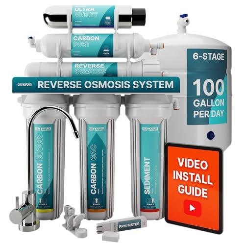 NU Aqua NU Aqua 6-Stage UV Under Sink Reverse Osmosis Water Filter System - 100 GPD RO Filtration & UV - Faucet & Tank - PPM Meter - 100GPD Undersink - Home Kitchen Pure Agua Drinking Water Purifier