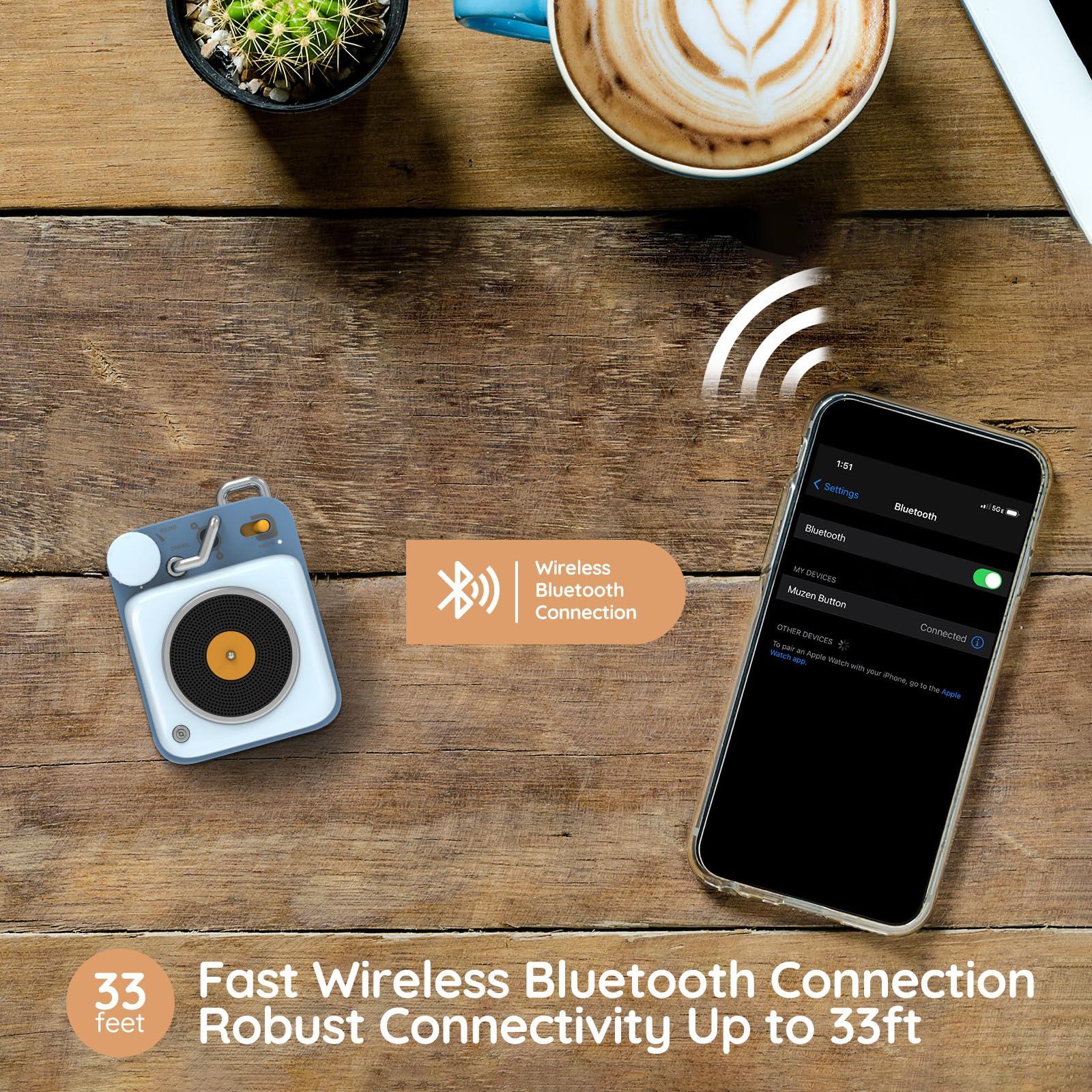 Muzen Muzen Mini Bluetooth Speaker, Button Portable Metal Small Cute Wireless Speaker, Rechargeable HiFi Loud Volume Audio Speaker with Portable Lanyard and Gift Box, Classic Retro Decor Gift