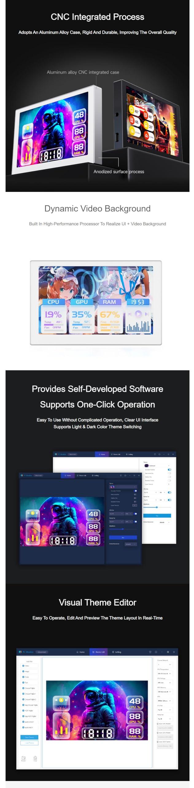 waveshare Coolwell 5 Inch USB Monitor Desktop Ambient Screen IPS Panel PC Case Secondary Screen 800480 Type-C Interface with Music Spectrum Analysis Function (Silver)