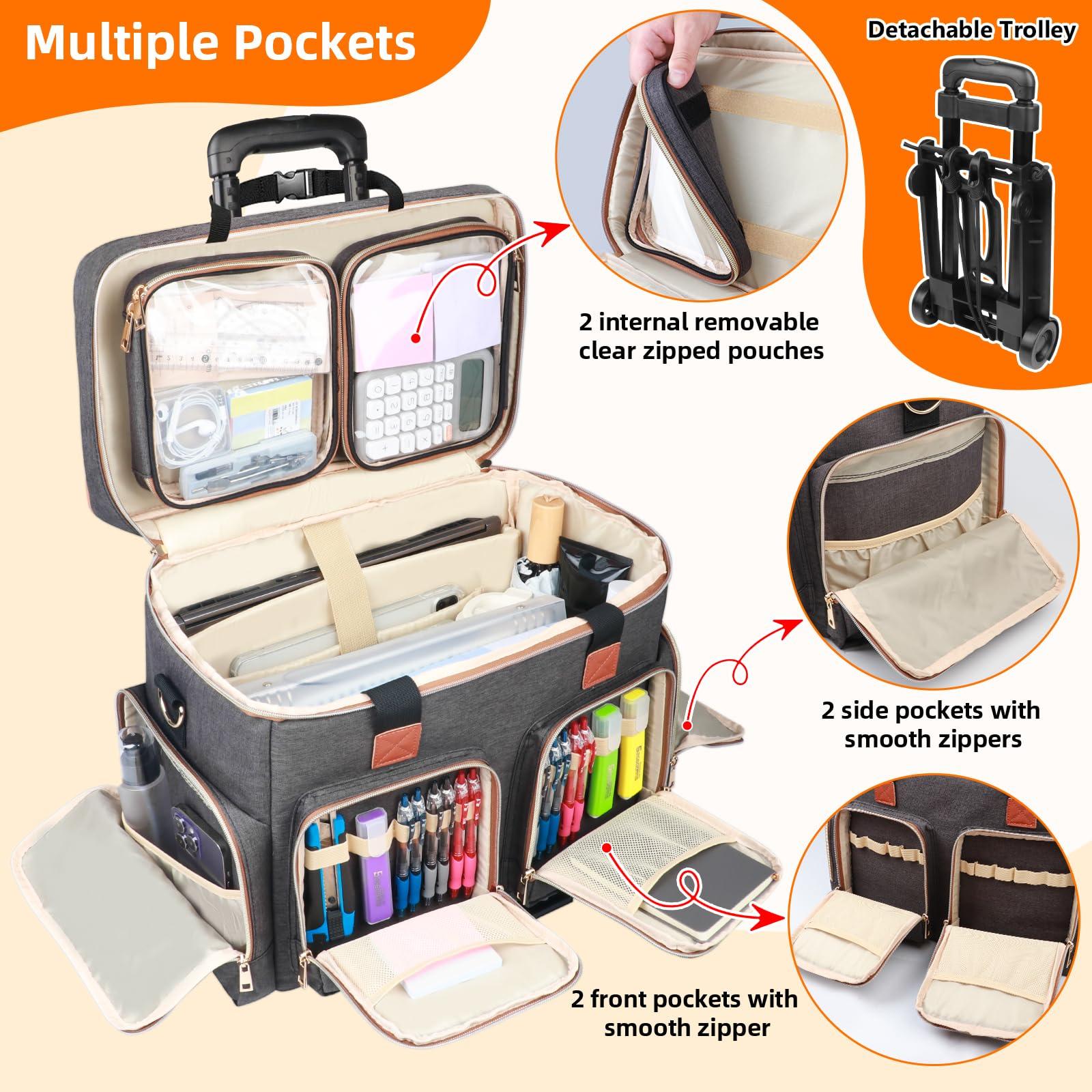 Sambois Sambois Rolling Teacher Tote Bag with Detachable Trolley, Wheeled Teacher Bag with Padded Laptop Compartment for up to 15.6 Inch, Multifunctional Rolling Briefcase for Teaching& Office (Elegant Gray)