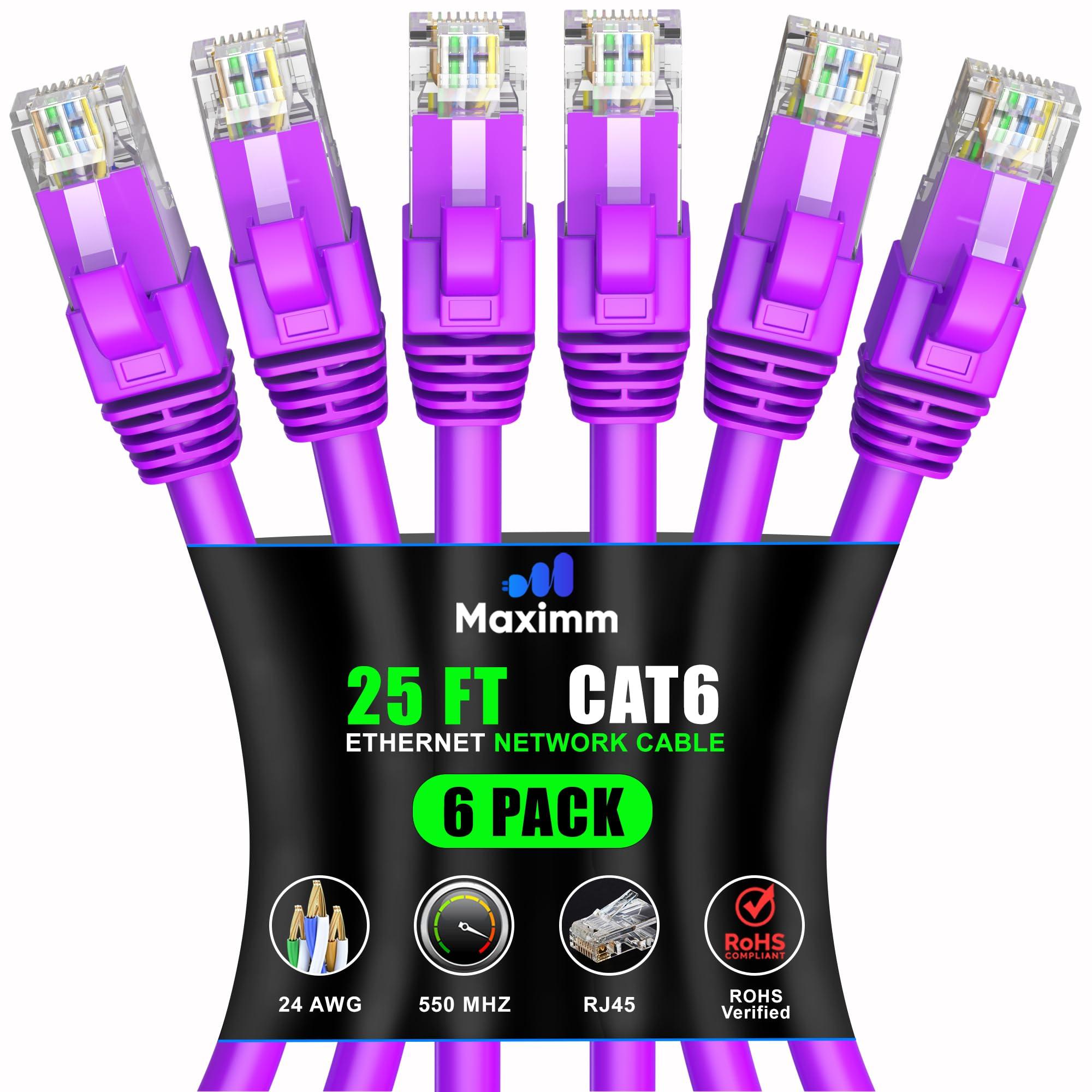 Maximm Maximm Cat 6 Ethernet Cable 25 ft (6-Pack) - High-Speed LAN Cable, Internet Cable, Patch Cable, and Network Cable - UTP, 10Gbps, 550MHz Ethernet Cord - Purple