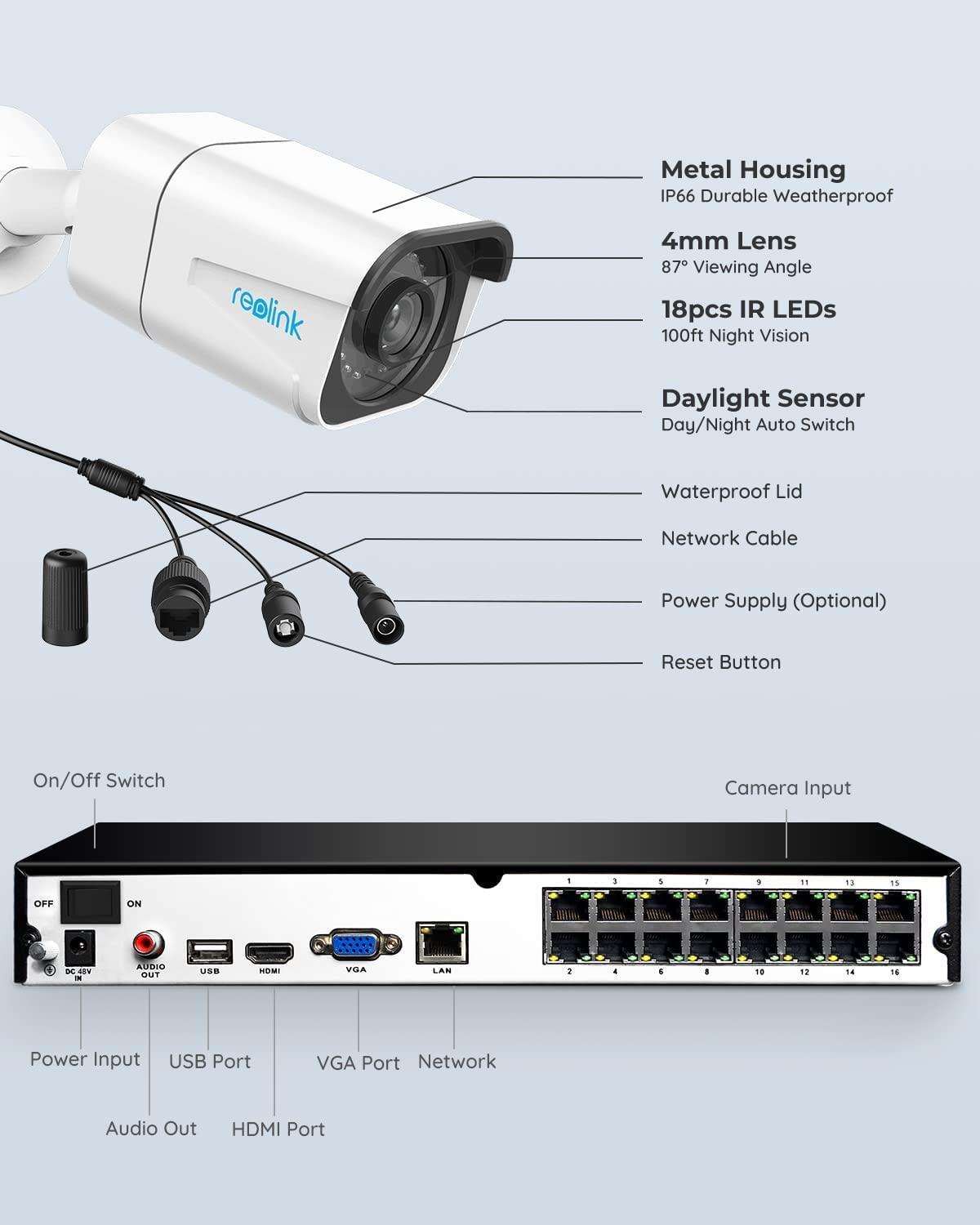 REOLINK Reolink PoE Commercial Security Camera System Business Bundle, 16 Channel 16 Camera 8MP Smart Person/Vehicle Detection, a 16CH NVR Pre-Installed with 4TB HDD(Include 8 x 18M Cat5 Cable)