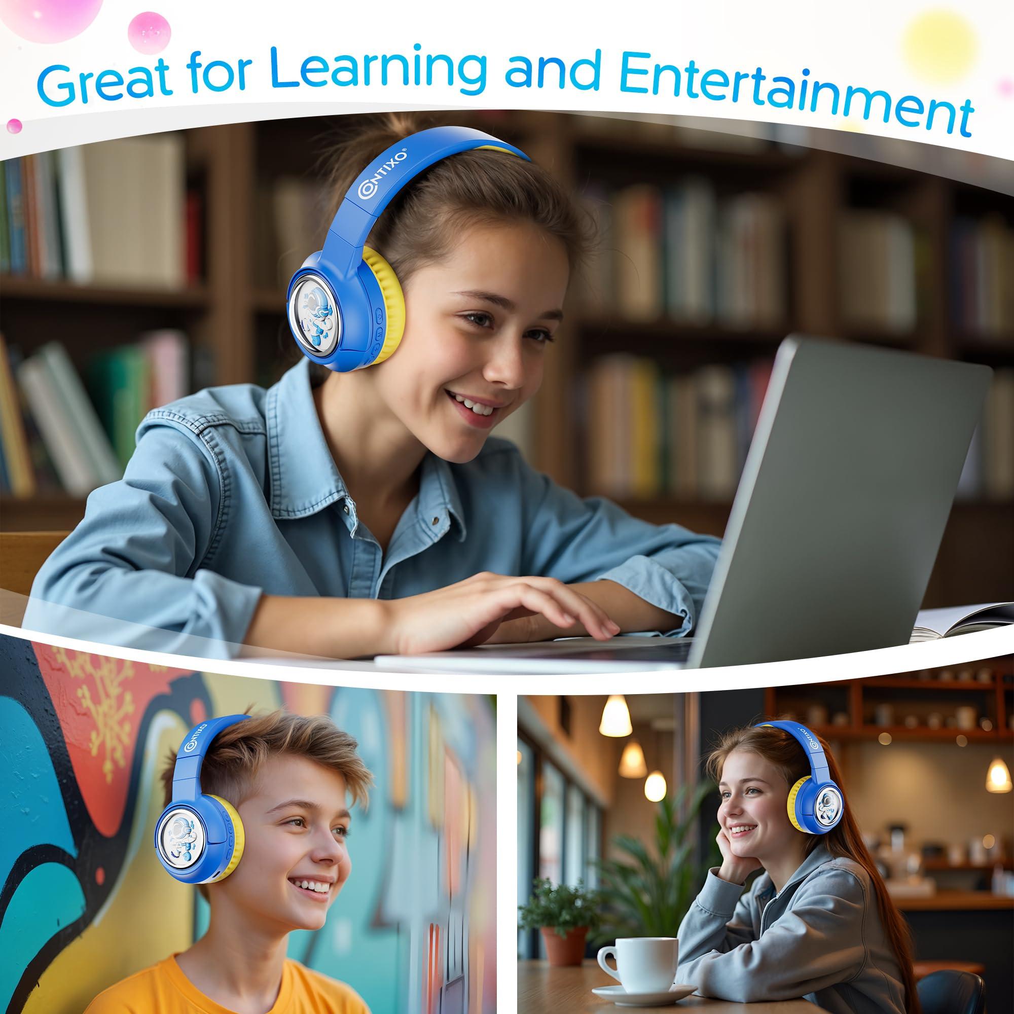 Contixo Contixo - Kids Bluetooth Headphones - Wireless & Wired Over-Ear - 85/94dB Volume Limiting - LED Lights, Foldable, Adjustable Headband, Mic - Lightweight Noise-Limiting Design for Boys & Girls - Blue