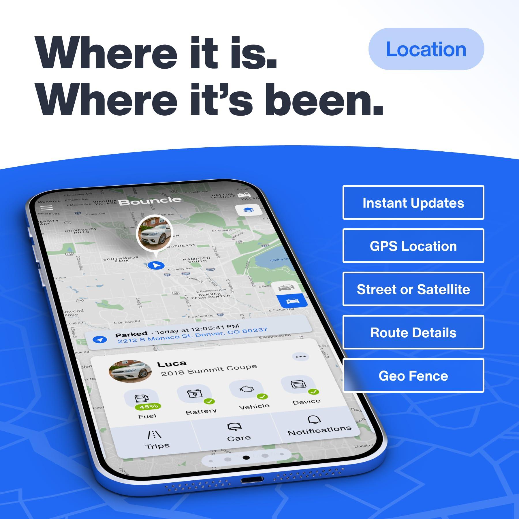 Bouncie Bouncie GPS Tracker for Vehicles with Real-Time Location, Route History, Speed Monitoring, Geo-Fence & Accident Notifications - for Fleets & Family - Cancel Anytime