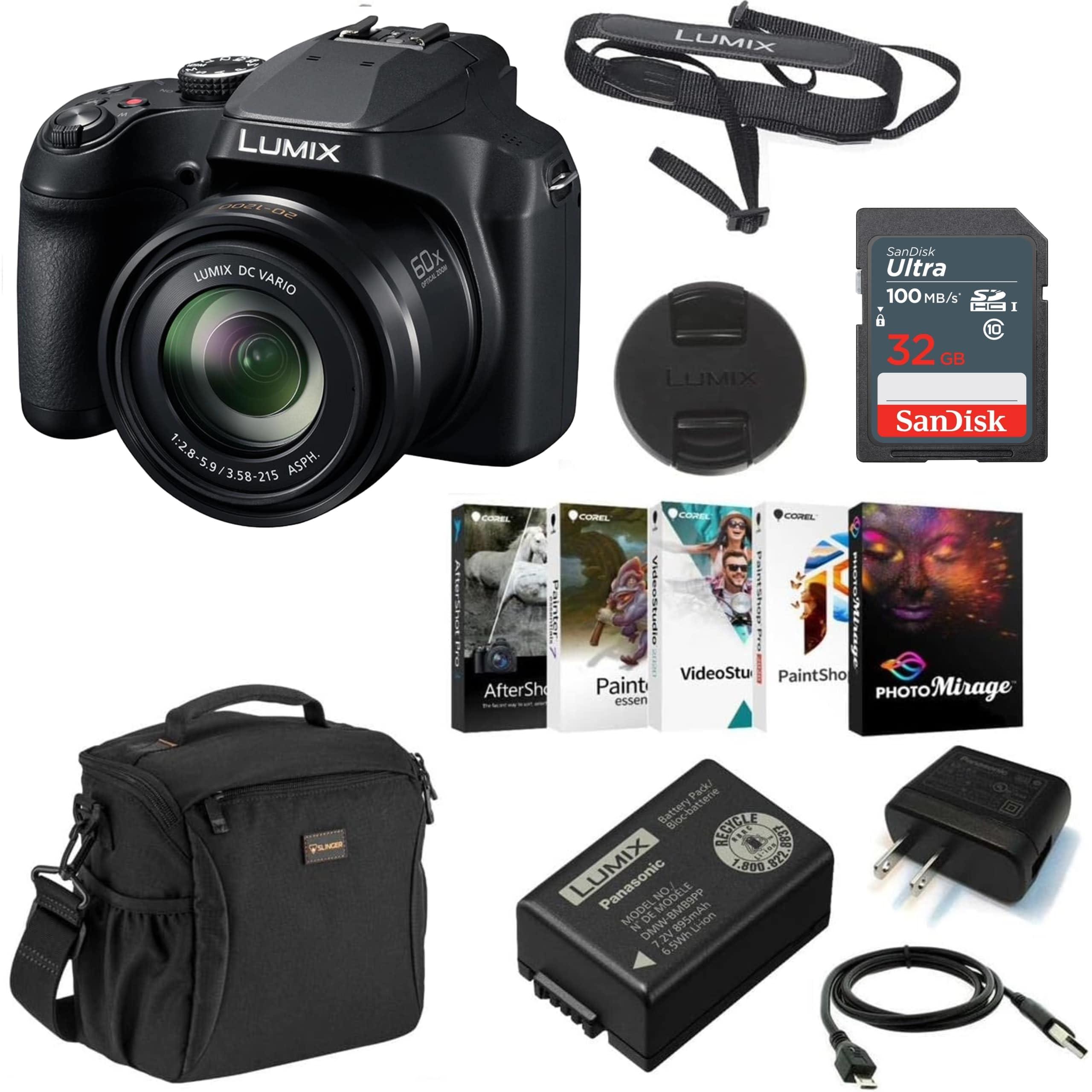 Panasonic Panasonic Lumix DC-FZ80 4K Digital Camera, 18.1 Megapixel, 60x Zoom 20-1200mm Lens Bundle with Bag, 32GB SD Card, Corel PC Photo Editing Software Kit