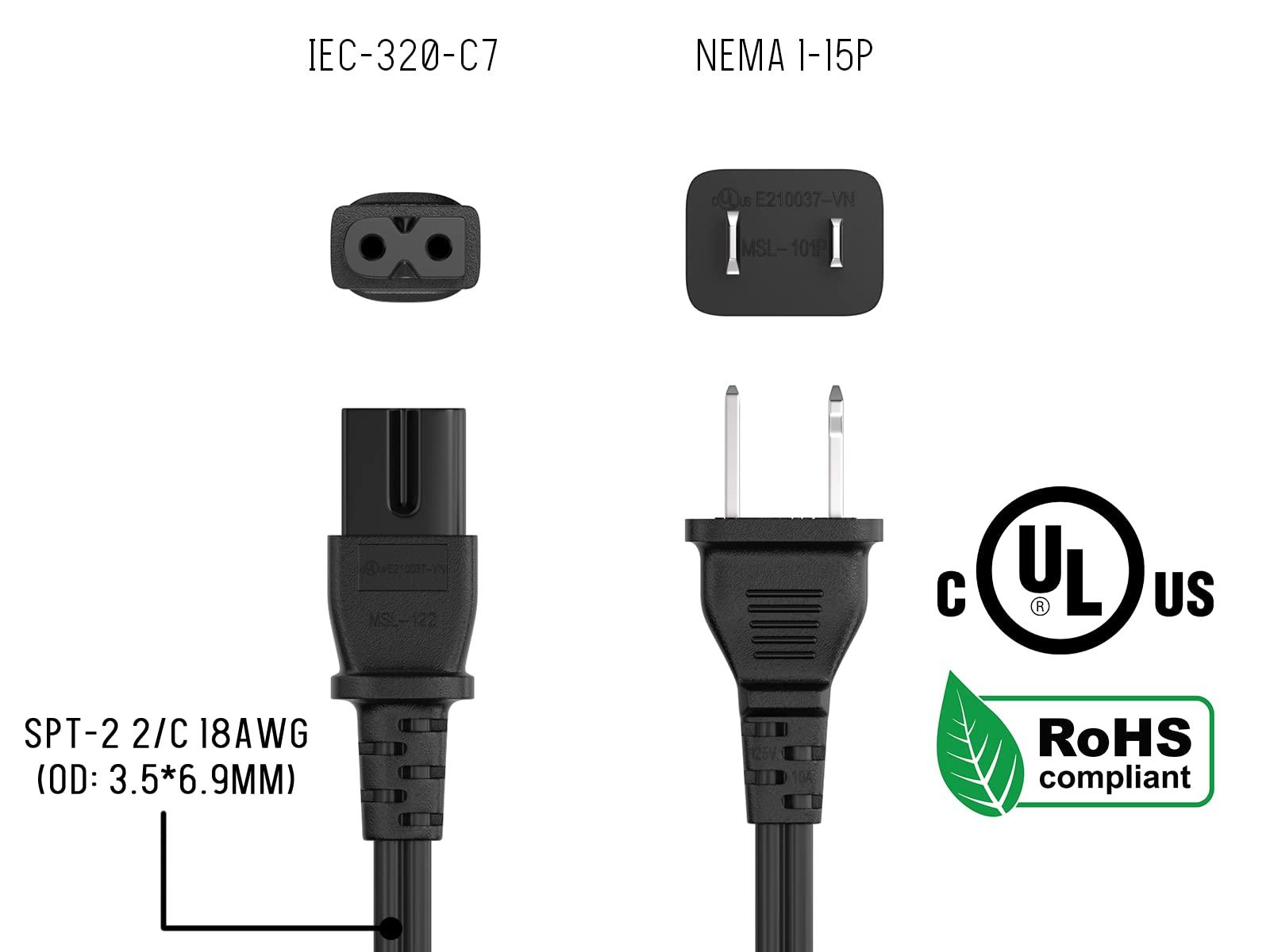 Cable Leader CableLeader NEMA 1-15P to IEC320 C7 2-Prong Notebook Power Cord, Polarized, 18 AWG, SPT-2, 10A/125V, Black (15 ft)