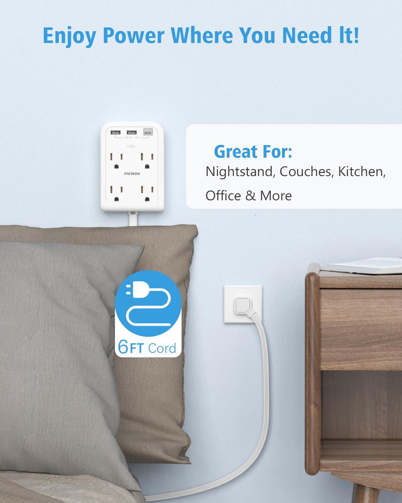 PAEWOK Flat Electrical Outlet Extender with USB C Ports, 4 Outlet 3 USB Wall Plug, 6 ft Thin Extension Cord, Flat Plug Power Strip Surge Protector for Home, Office. White