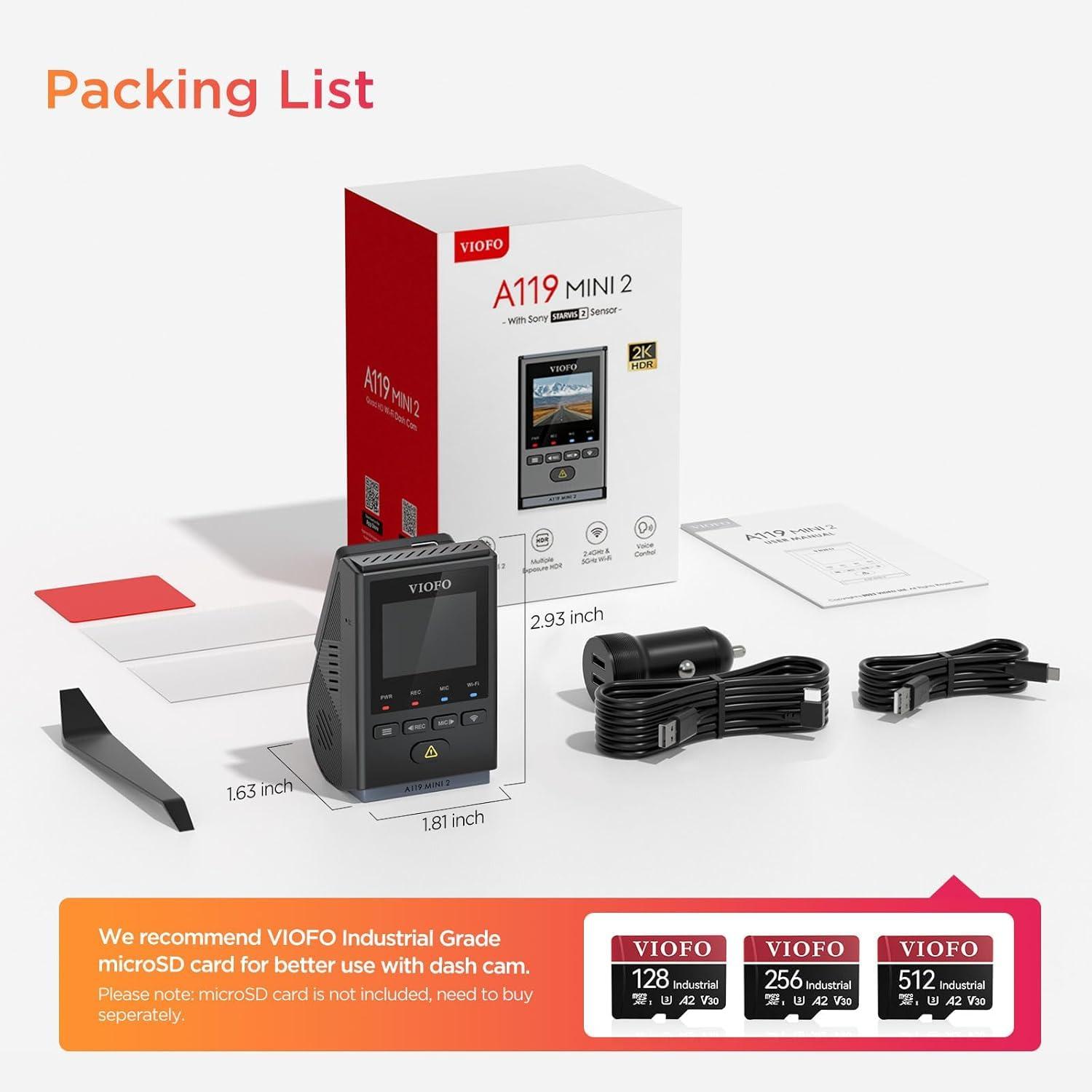 VIOFO VIOFO Dash Cam A119 Mini 2, STARVIS 2 Sensor, 2K 60fps/HDR 30fps Voice Control Car Dash Camera with 5GHz Wi-Fi GPS, Night Vision 2.0, 24H Parking Mode, Supercapacitor, Support 512GB Max