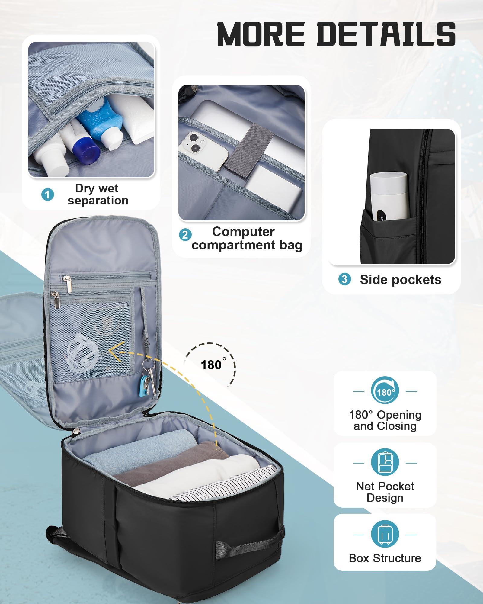 WEPLAN WEPLAN United Airlines Approved Personal Item Travel Bag, Underseat 20L Carry on Backpack, Waterproof Cabin Luggage Bag, mochila de viaje, Frontier Airlines Personal Item Bag, black