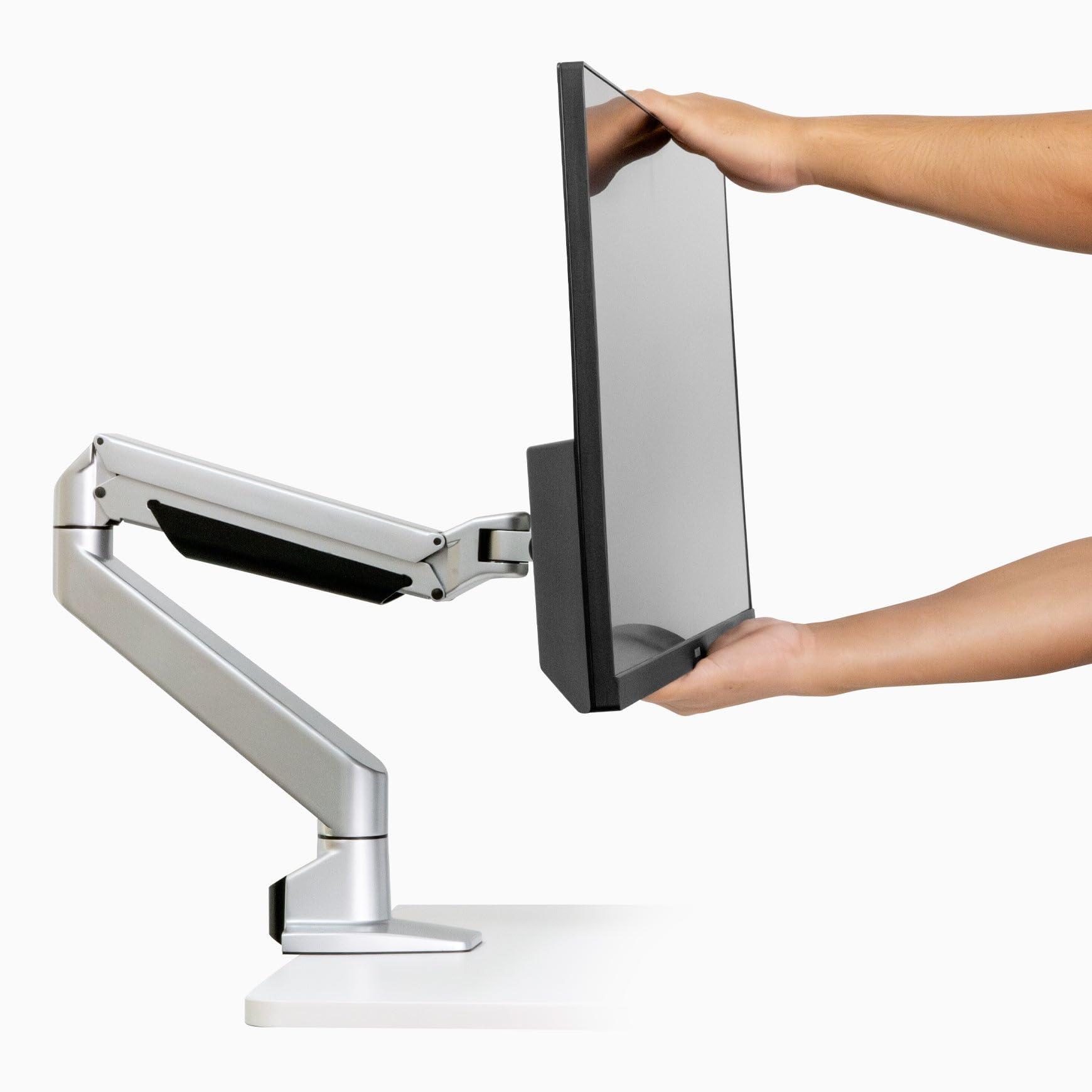 Desky Desky Heavy Duty Single Monitor Arm (24lbs+) Ergonomic Gas Spring Desk Mount, Fits 3843" Ultrawide Screens, VESA 75x75/100x100, Clamp/Grommet Base Silver
