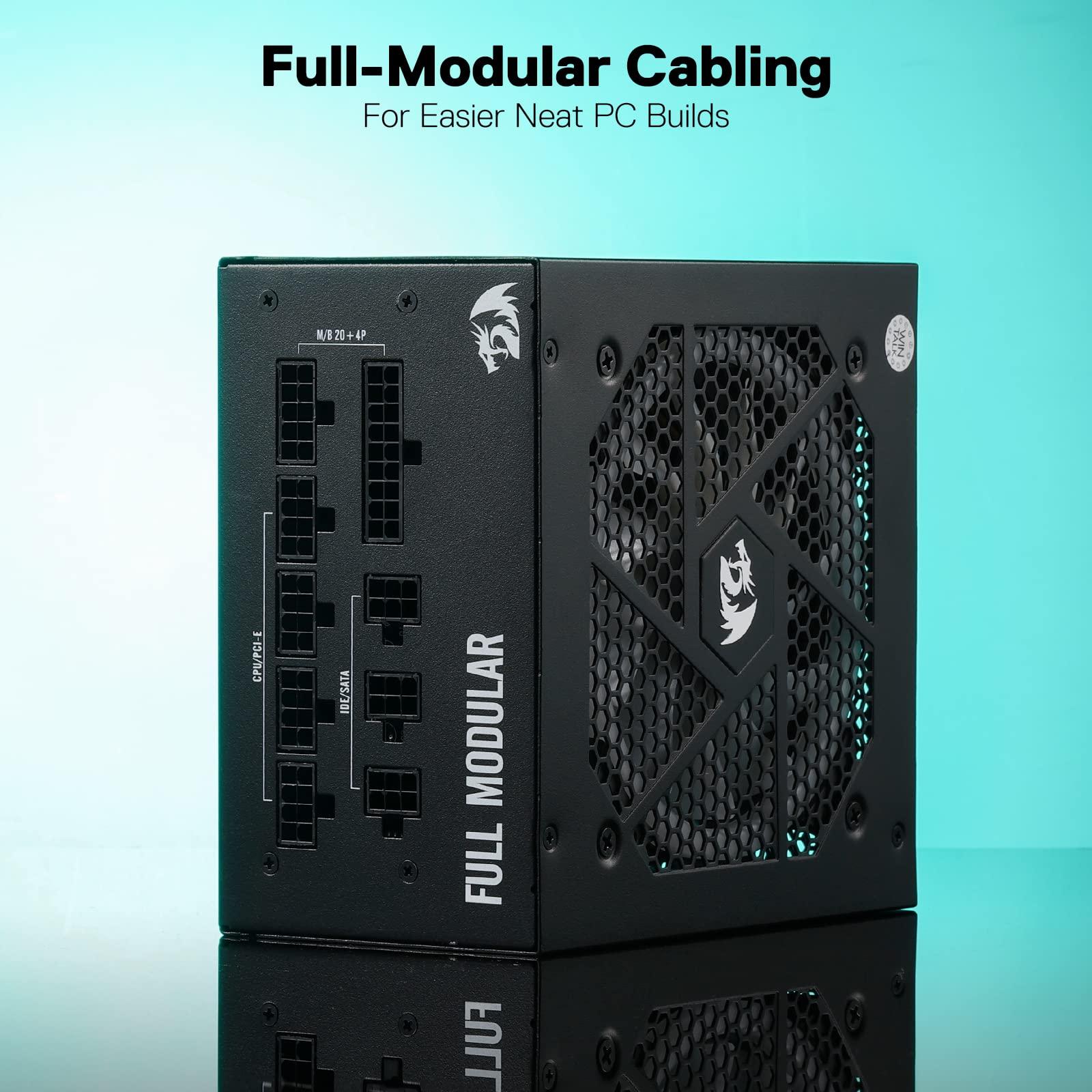 Redragon Redragon RGPS-650W 80+ Gold 650 Watt ATX Fully Modular Power Supply w/ 80 Plus Gold Certified, Compact 160mm Size & RGB Low Noise Smart-ECO 0 RPM Fan, 100% Japanese Capacitors, Full Mod Cables, Black