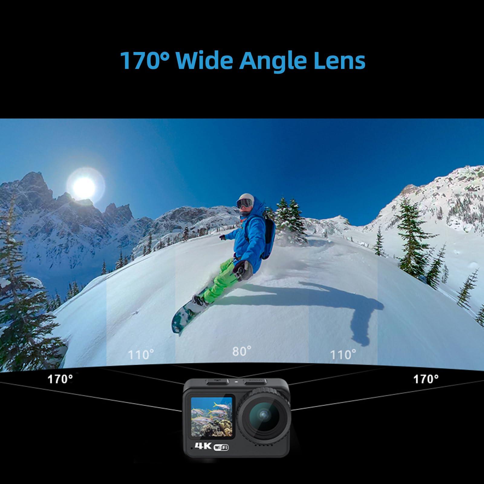 Andoer Andoer 4K 60FPS Action Camera 24MP WiFi Sports Camera 170Wide Angle Lens Dual Screen Touch Control Anti-Shake 21M/69ft Body Waterproof with Mounting Accessories Kit for Diving Surfing Skiing Cycling