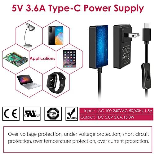 GeeekPi GeeekPi 18W 5V 3.6A Power Supply for Raspberry Pi 4/Orange Pi 5&5B, UL Listed Type C Power Supply with ON/Off Switch for Raspberry Pi 4 Model B 8GB/4GB/2GB/1GB, with a Micro USB Adapter for Pi 3B+/3B