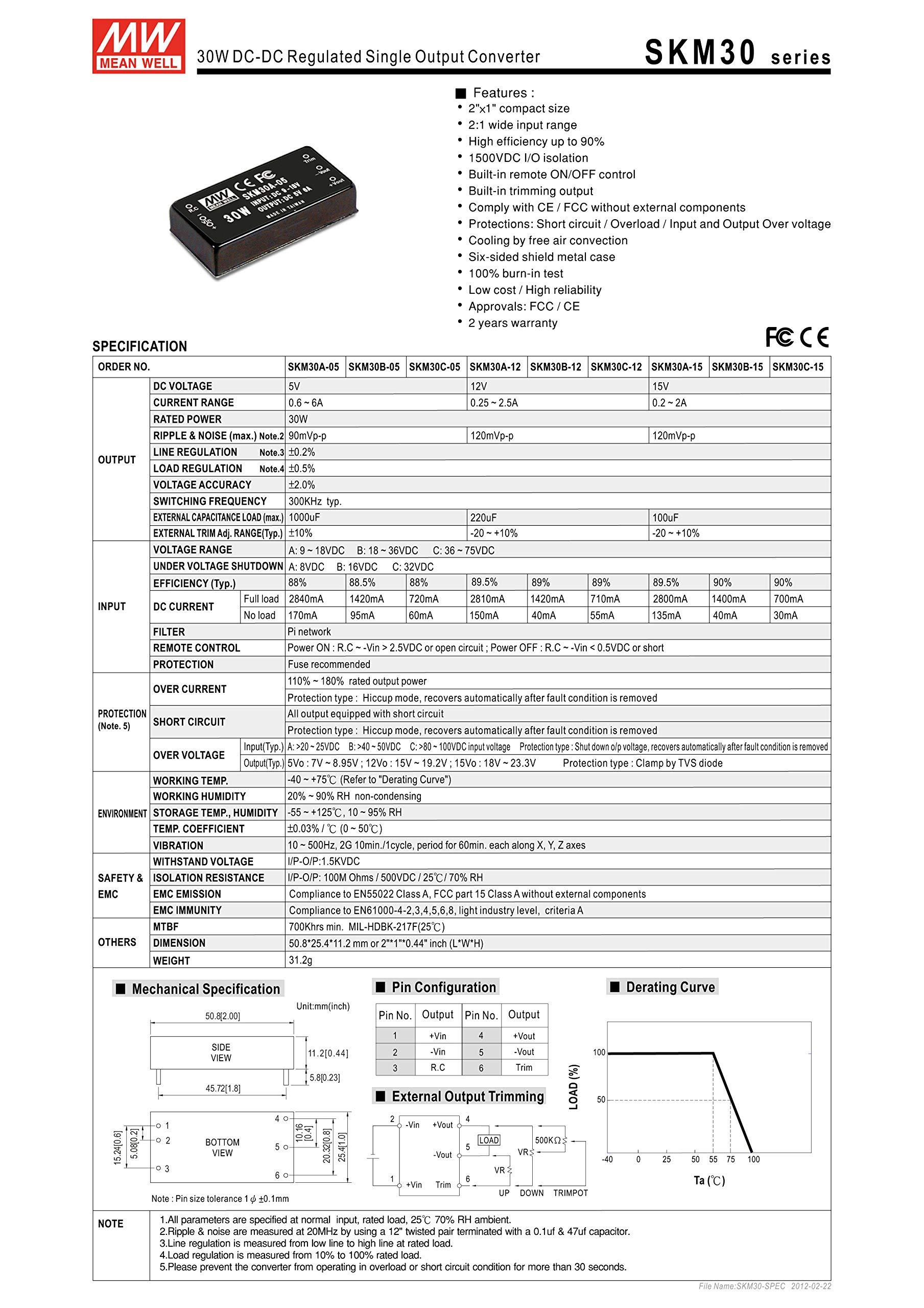 MEAN WELL MEAN WELL SKM30A-05 5V 0.6~6A 30W DC-DC Regulated Single Output Converter DC/DC Converter